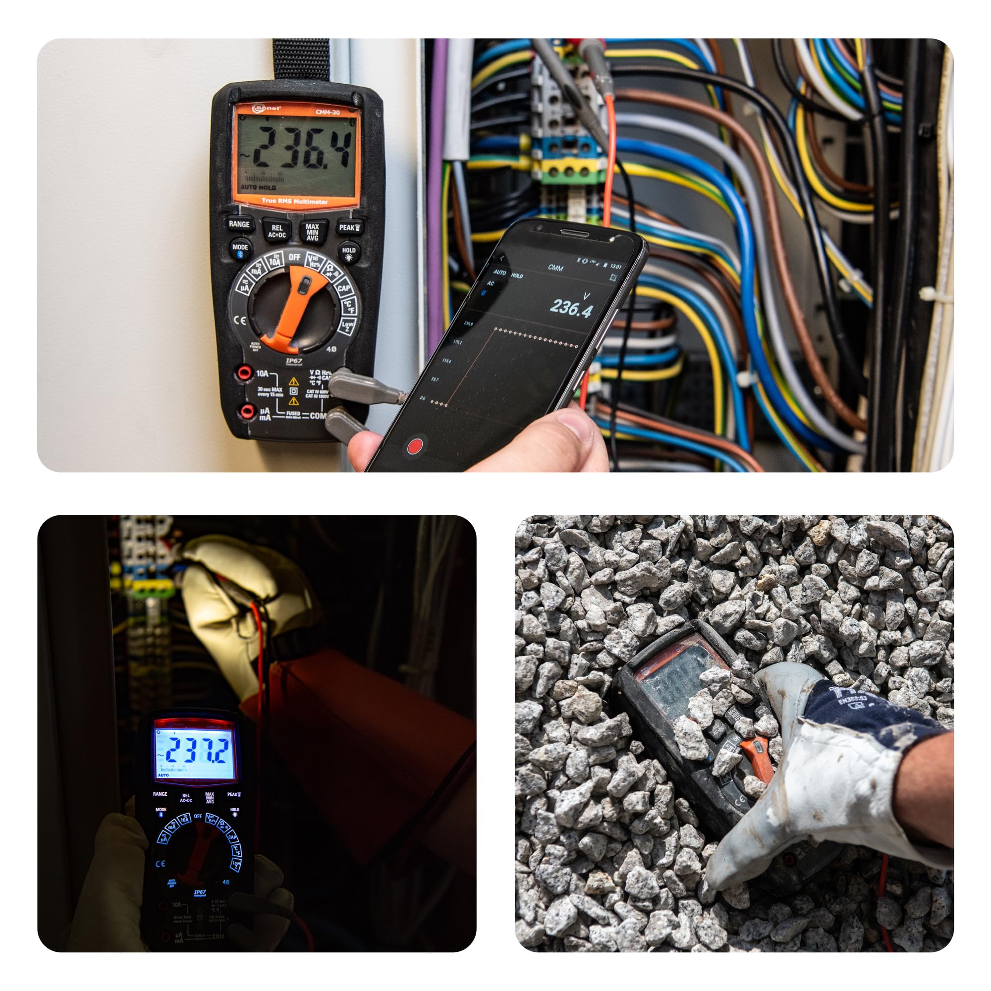 SONEL Multímetro digital industrial, Probador eléctrico, Capacidad/Corriente AC/DC/Voltaje AC/DC/Low Z/Ciclo de trabajo/Resistencia/función PEAK/Frecuencia/función REL (CMM-30)