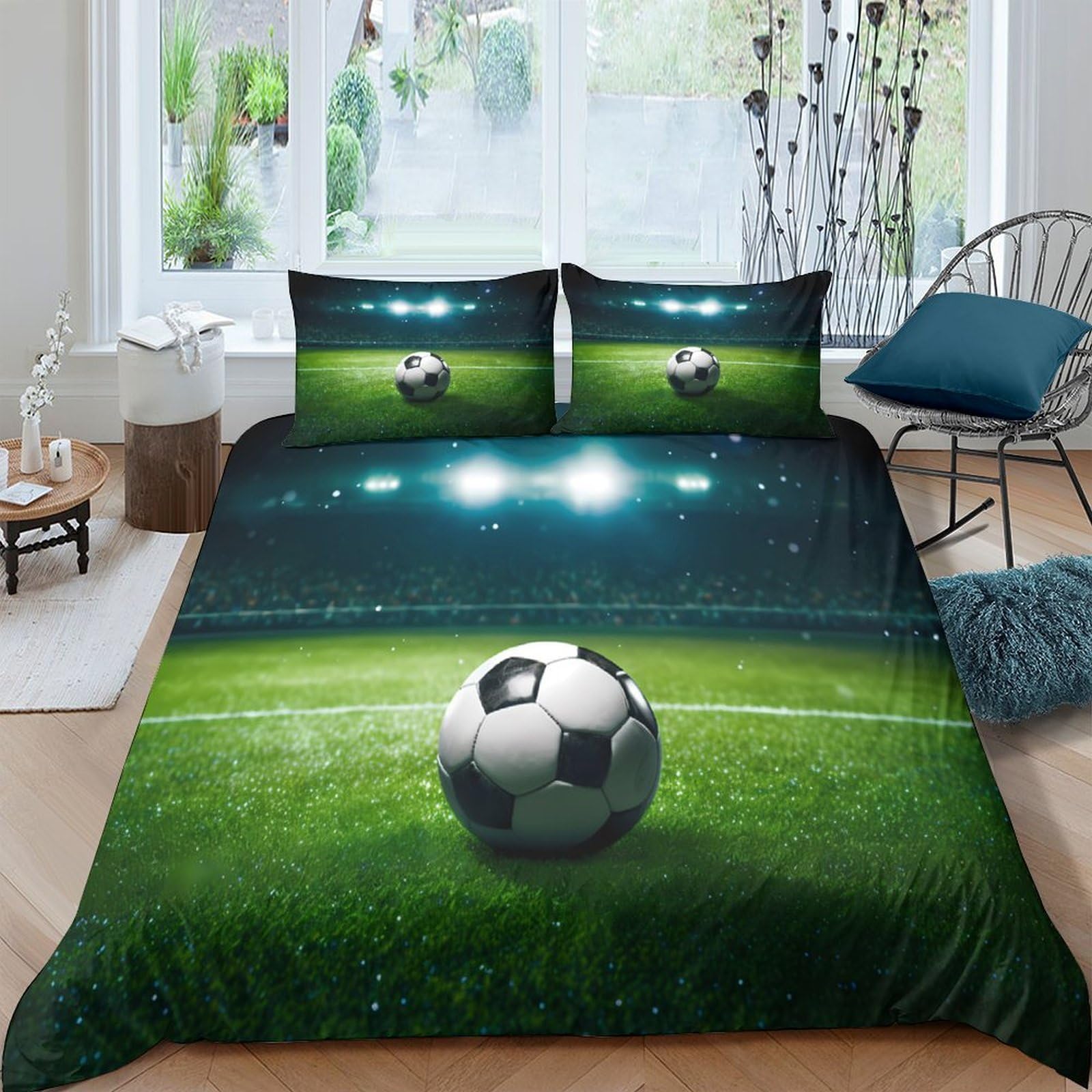 GPLZQXKJNH 3D Printed Football Stadium Duvet Cover Microfiber Soft Breathable Soccer Field Bedding Set with 2 Pillowcases for Bedroom Decor Single（135x200cm）