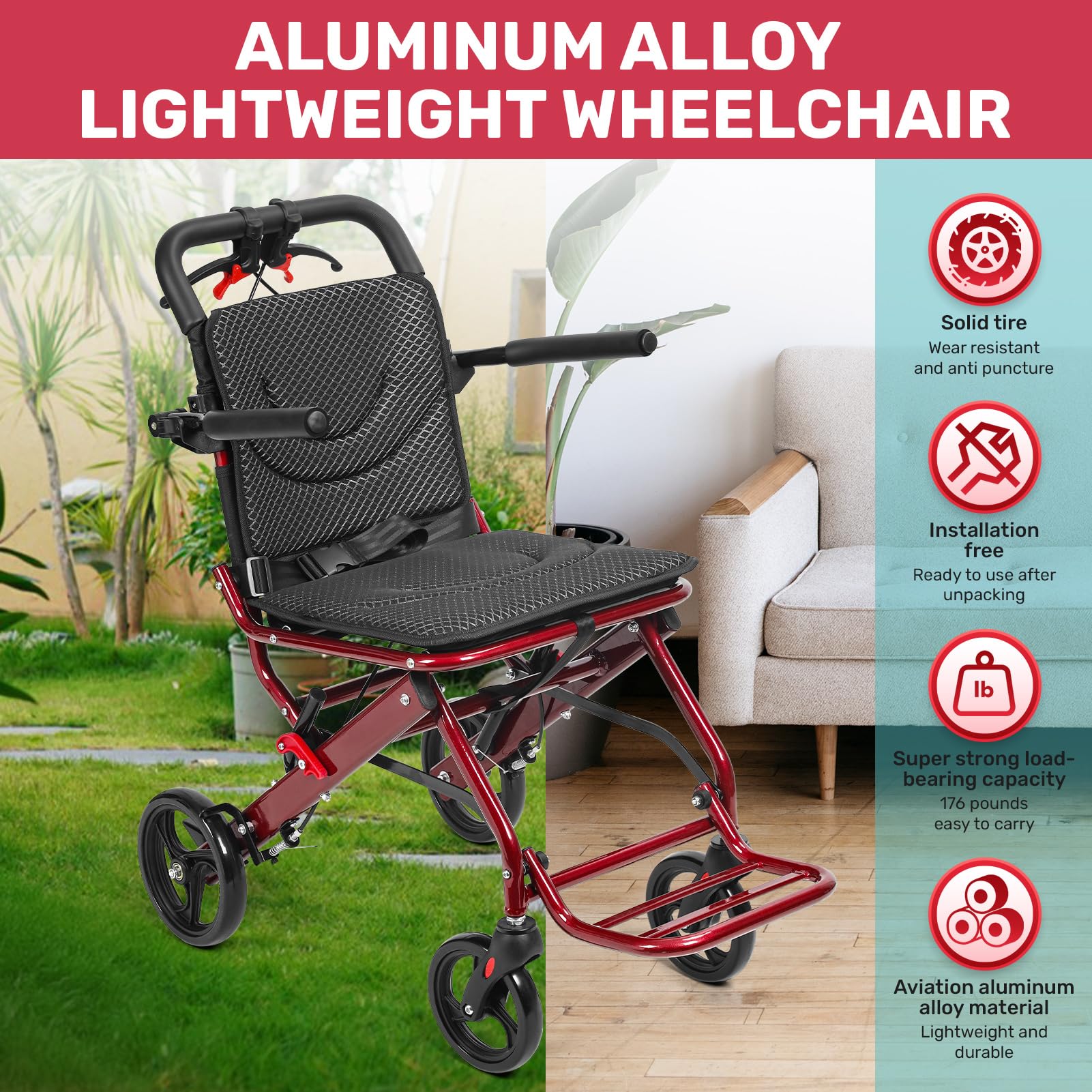 Lekki składany wózek inwalidzki 8,4 kg, przenośny wózek inwalidzki z hamulcami ręcznymi i kołami 20 cm, kompaktowy fotel mobilny ze stopu aluminium, obsługuje 80 kg, dla dorosłych (czerwony)