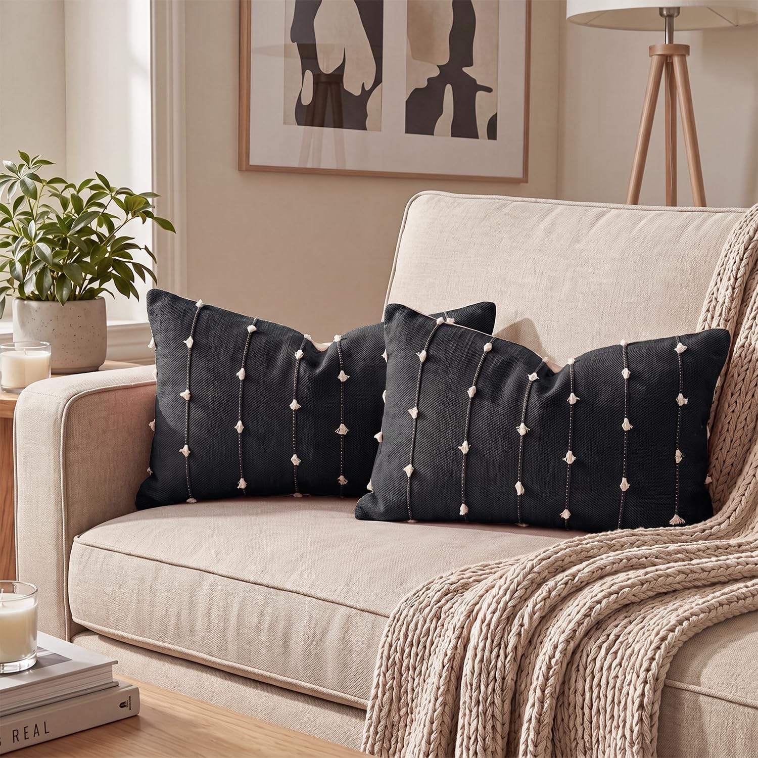 AVOIN colorlife Black Boho Linen Throw Pillow Covers 12x20 Inch 2PC image 3