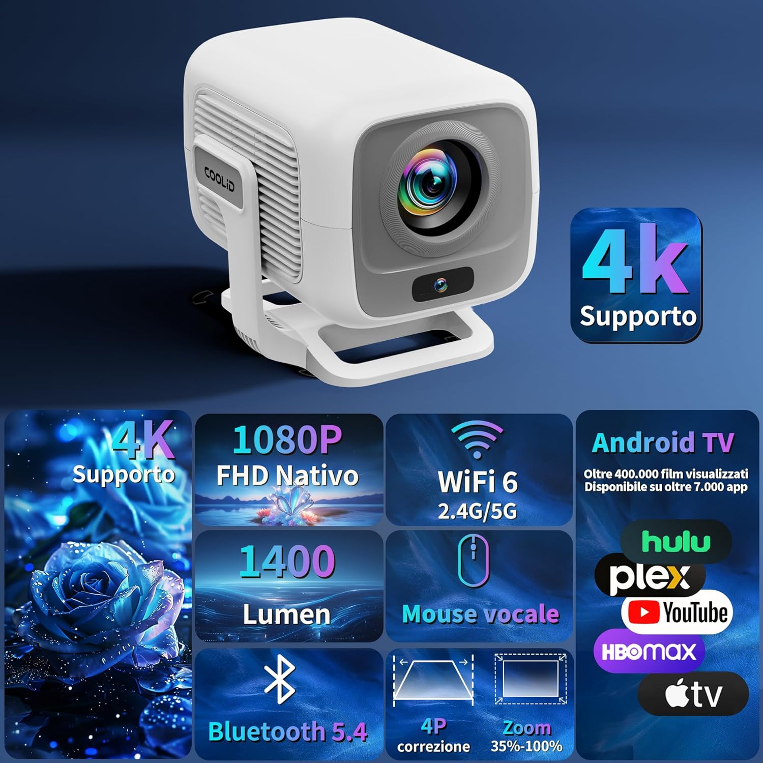 Key features of coolid projector including 4K support, 1080P native, WiFi 6, Bluetooth 5.4, 1400 lumens, auto correction, and zoom