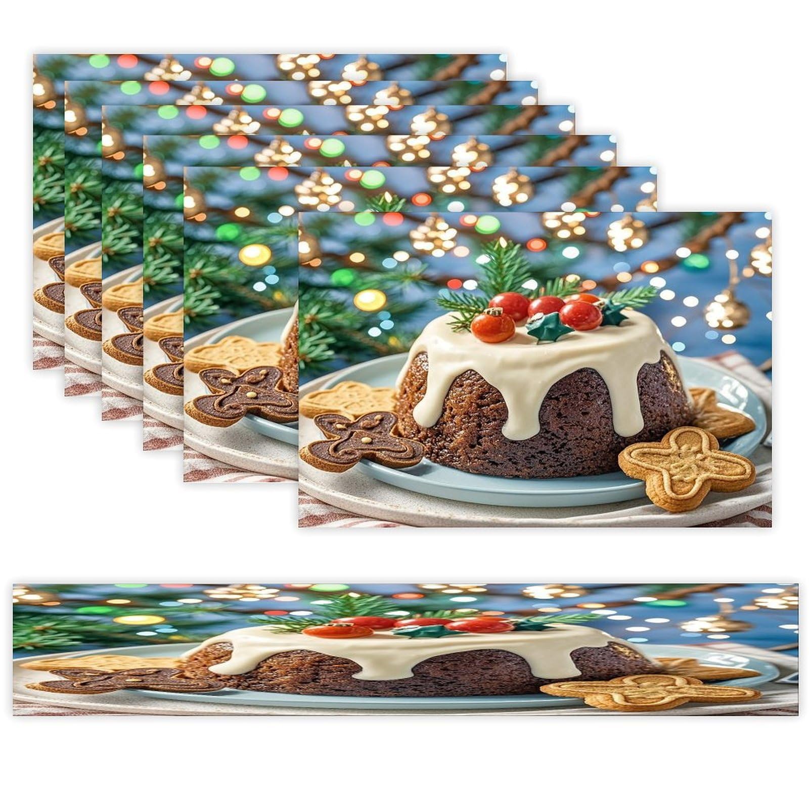 Christmas Pudding Table Runner and Placemats Set of 6 Heat Resistant Table Runner Place Mats Modern Cloth Table Mat Washable Linen Placemat Festive Reusable Set