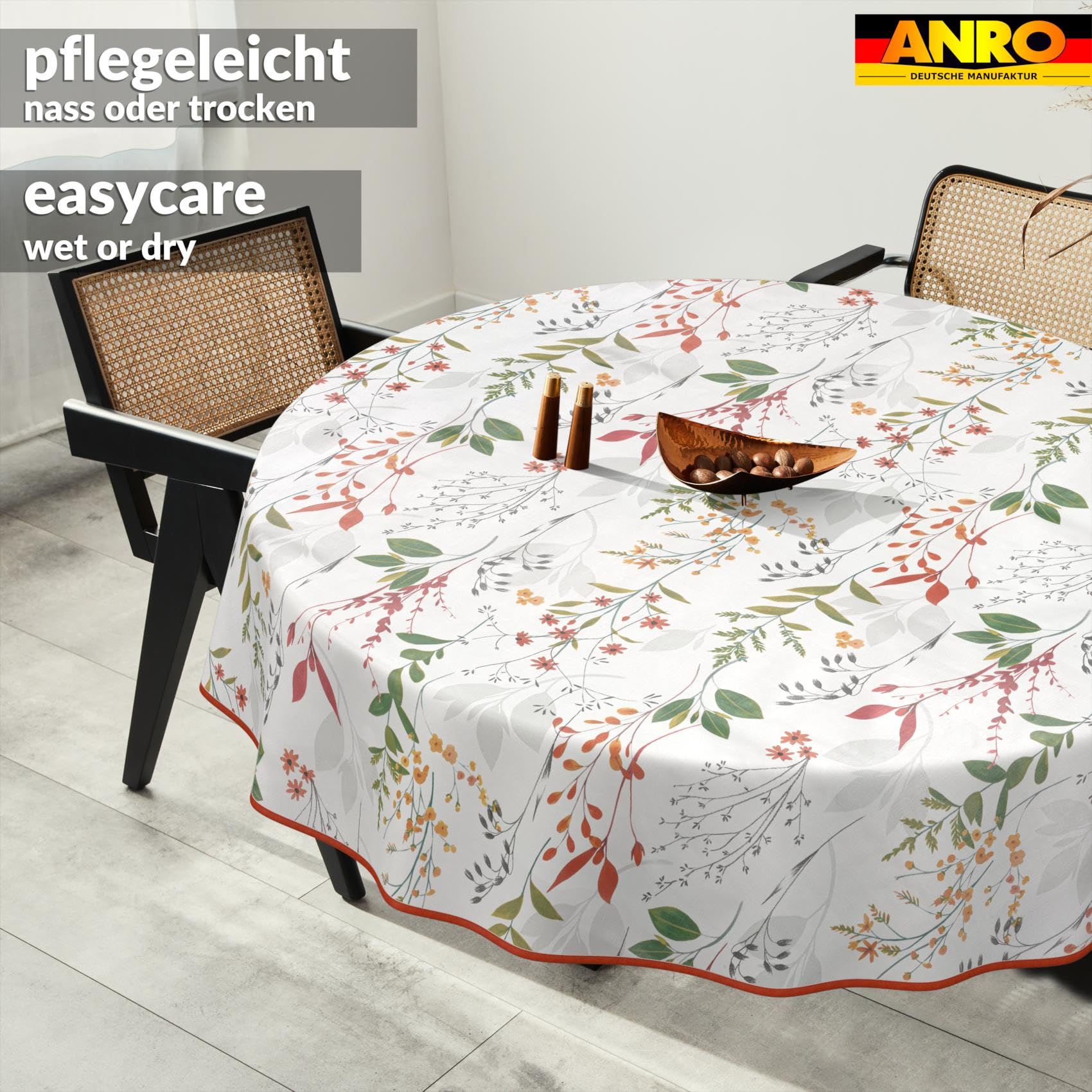 Mantel de Hule Lavable, fácil de Limpiar, Impermeable, Efecto Loto, para jardín, Natural, Redondo, 140 cm, con Dobladillo (Ribeteado)