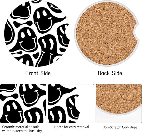 Vista 3 de Watbro Posavasos para automóvil, morados sonrientes, absorbentes, paquete de 2 para portavasos con muesca para los dedos, cerámica de 2.56 pulgadas