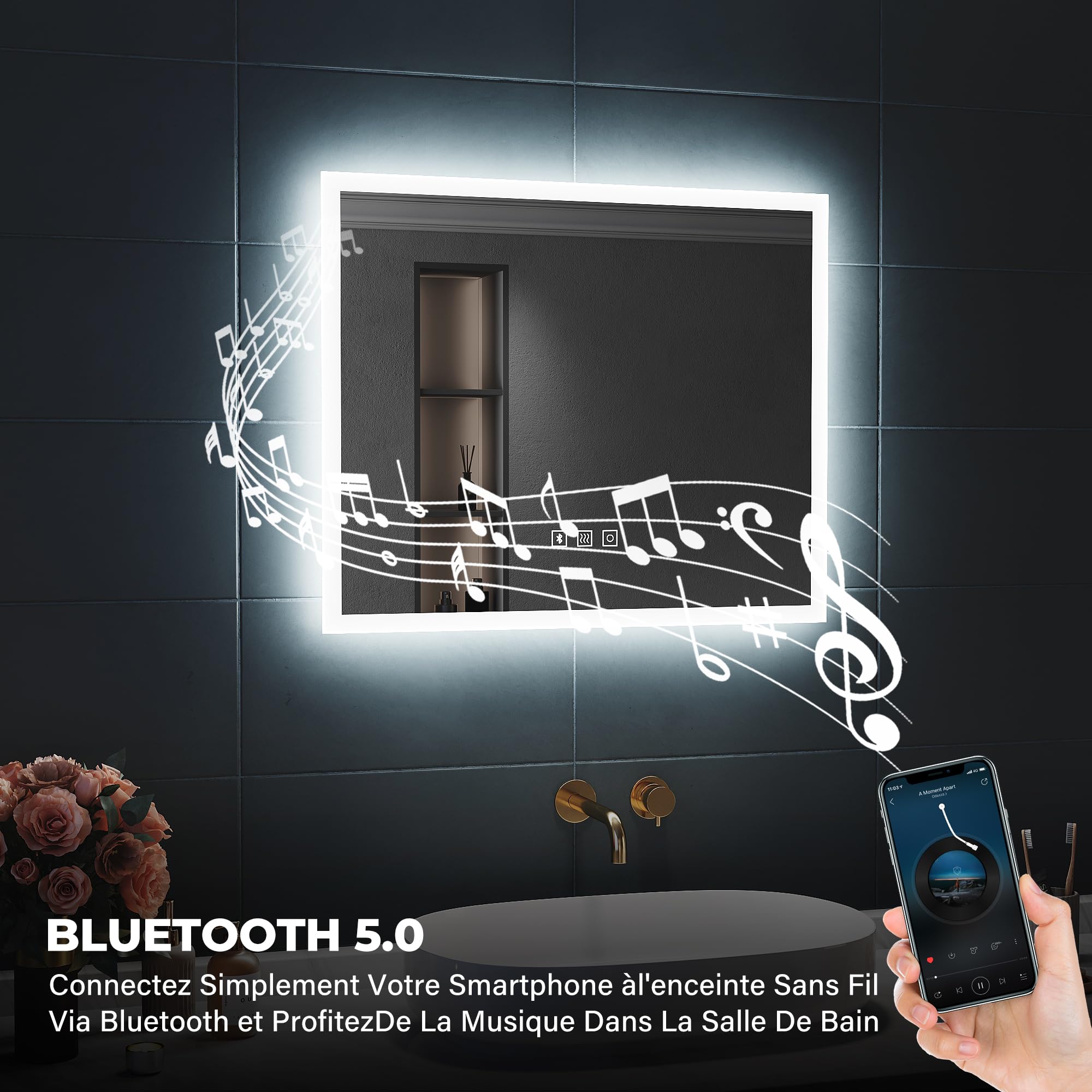 SIRHONA Specchio da Bagno 60x100cm con Illuminazione a LED, Specchio a Parete con Interruttore a Sfioramento con Specchio Parete con Accessori