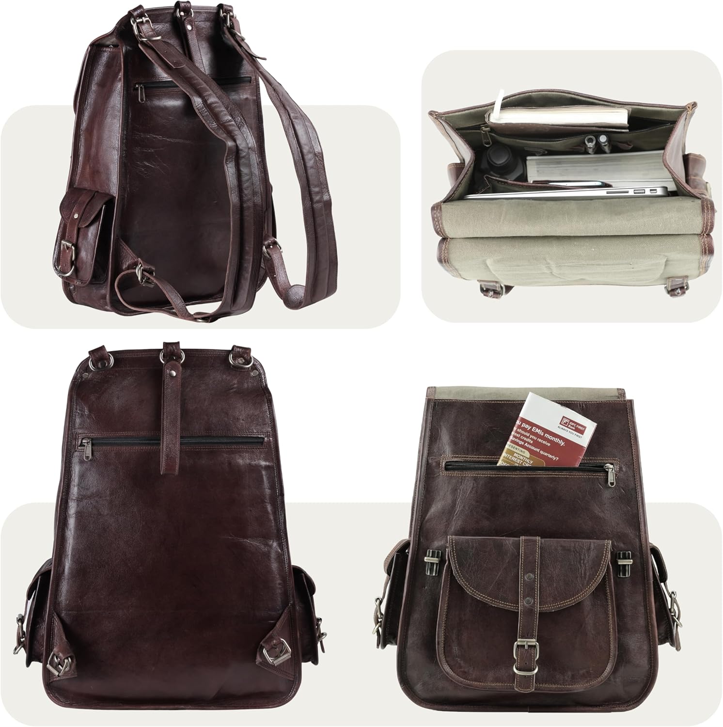 Handmade World Vintage Full Grain 20 Inch Leather Laptop LARGE Backpack Casual Bookbag Daypack Travel Rucksack (Brown) - Image 4