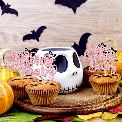 Miniatura 112 de 24 piezas de decoración para cupcakes Baby Boo con purpurina negra espeluznante y espeluznante para cupcakes de fantasmas para Halloween, baby