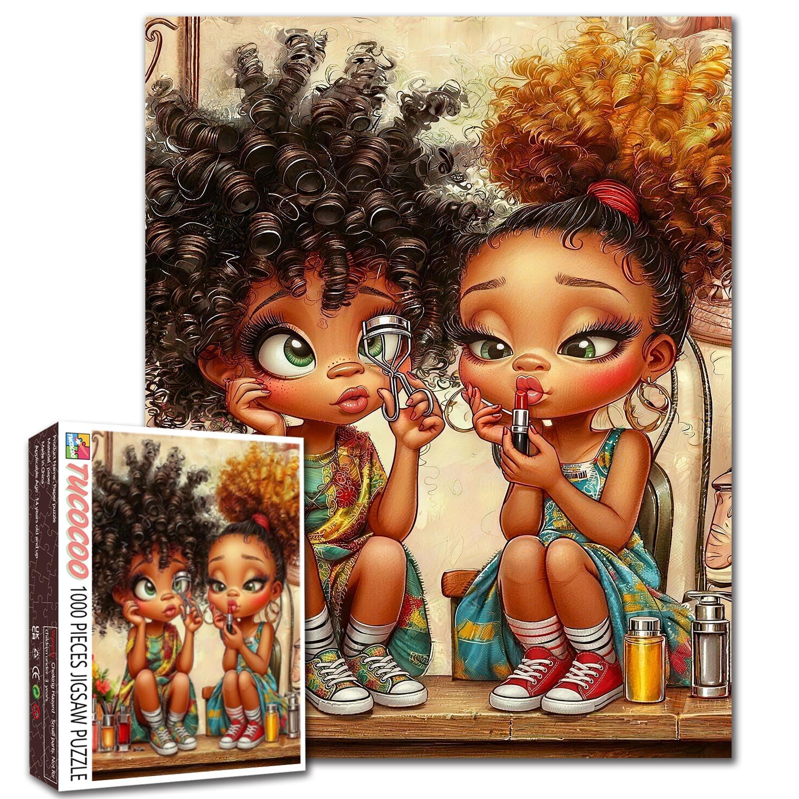 Fashion Little Girl 1000 Piece Jigsaw Puzzle for Adults Black Girl Makeup Scene Puzzle Beauty Theme Friendship Colorful Puzzles Fun Challenge Family Activity Game Gift for Adults Teens Home Decor โ image 1