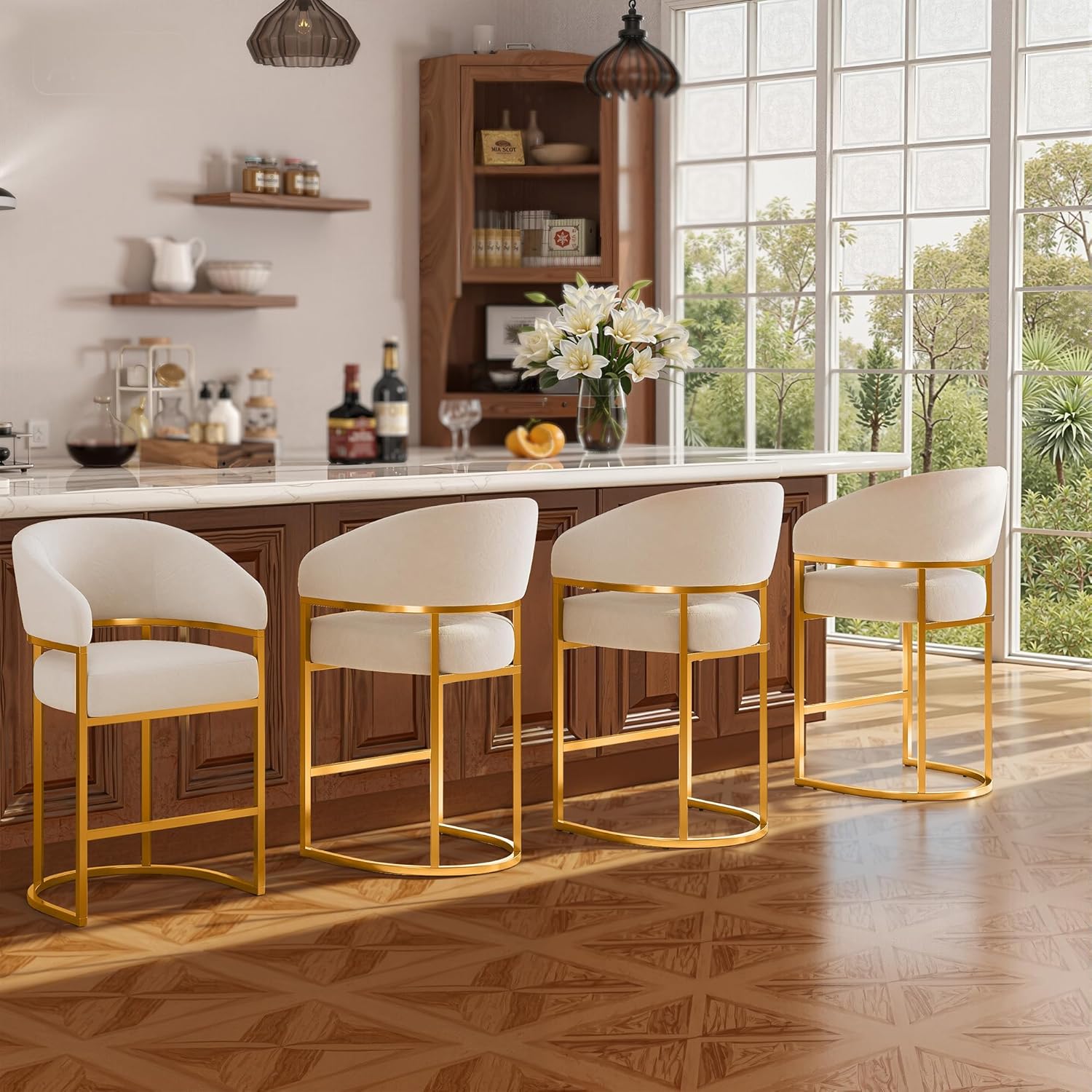 Modern Counter Height Bar Stools,Bar Stools Set of 4,Velvet Fabric Upholstered Barrel Barstools with Backs,26" Kitchen Island Chairs,Metal Gold Frames,Beige White Velvet