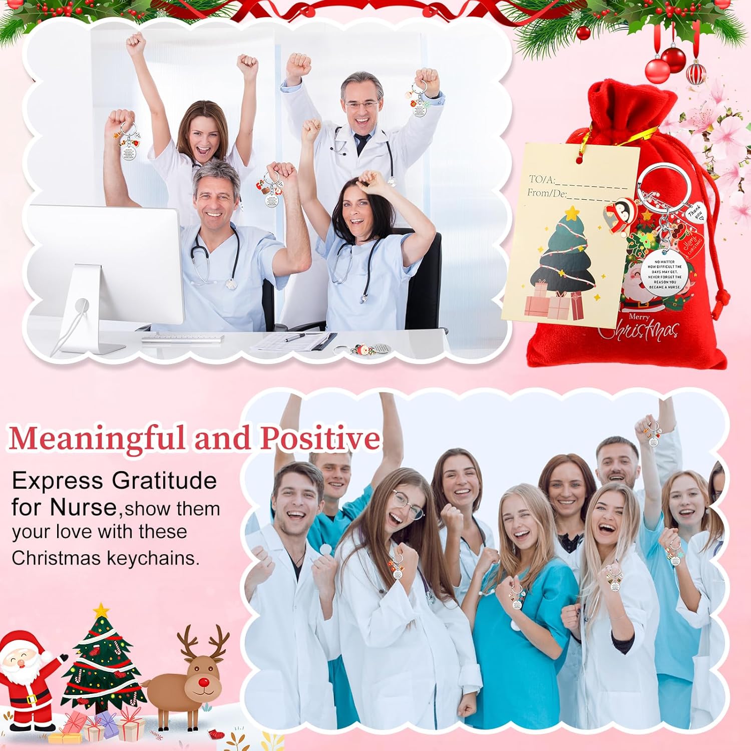 36 Pcs Thank You Gifts Nurse Inspirational Gift Appreciation Gifts for Employee Coworkers Appreciation Keychain with Flannel Drawstring Christmas Gift Bags Christmas Greeting Card for Nurse - Image 3