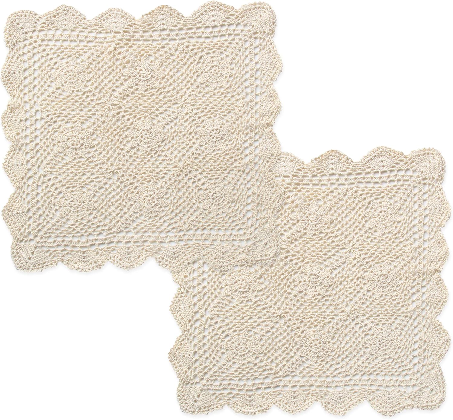 kilofly Handmade Crochet Cotton Lace Table Placemats Sofa Doilies, 2pc, Square, White,19.6 inch