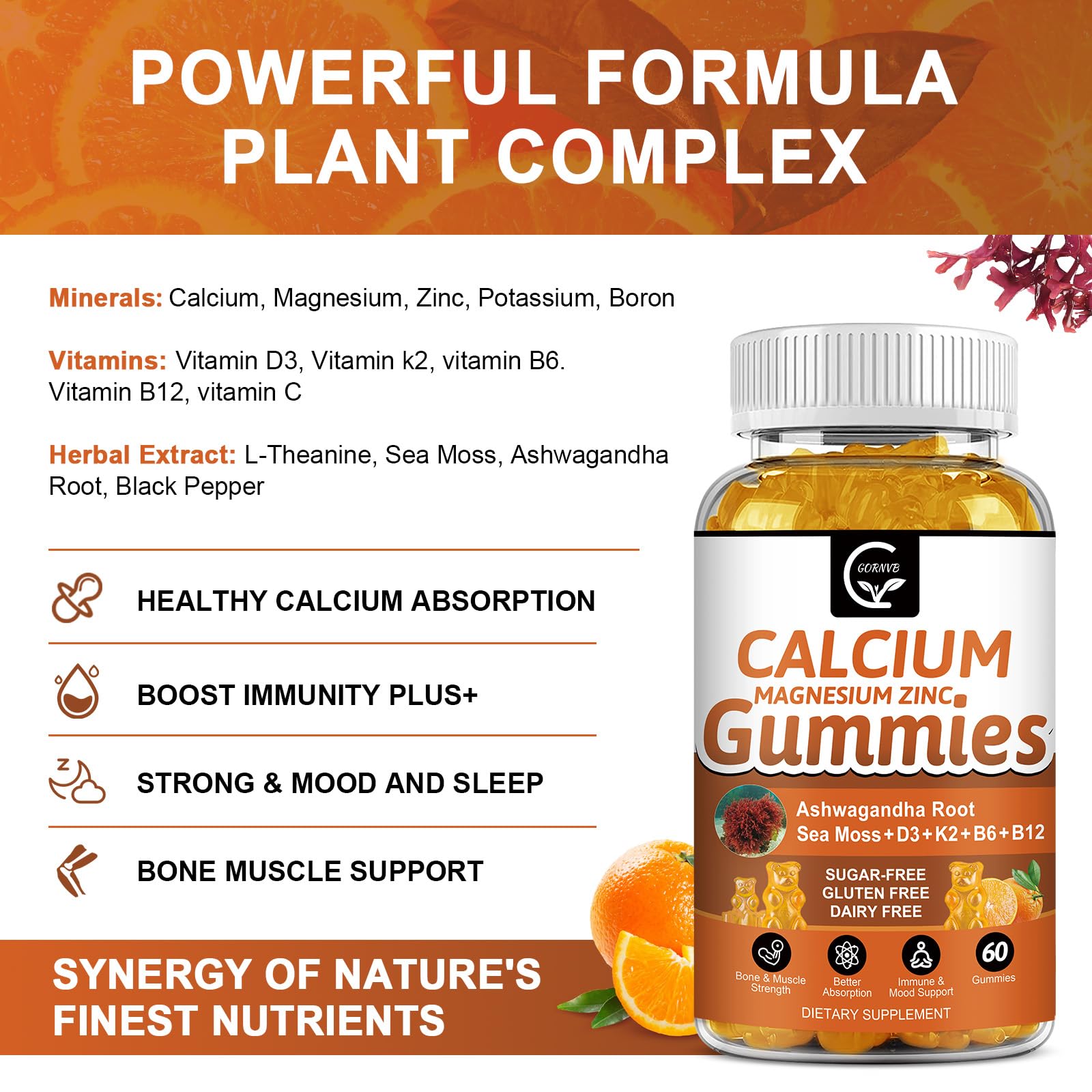 1200mg Calcium Gummies with Vitamin D3,K2,B12 & B6 - Plant Complex Calcium Magnesium Supplement with Glycinate,Potassium,Sea Moss,Ashwagandha Root for Bone & Teeth Strength, Muscle & Immune-2 Pack — Amazon image 3
