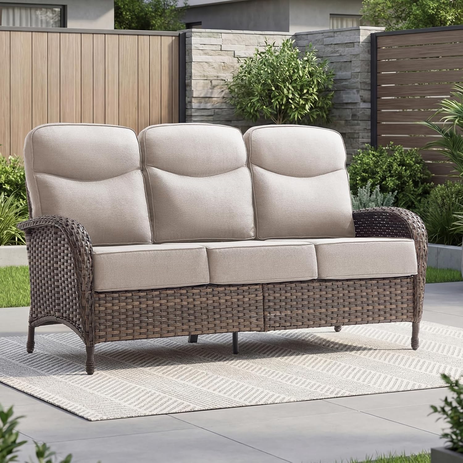 Outdoor Swivel Rocking Chair Patio Set (9pcs) High-Back - Thick Cushion Swivel Rocking Chair Patio with Fire Table Set, All-Weather Wicker Patio Furniture Set, Suitable for Balcony Patios, Brown/Beige
