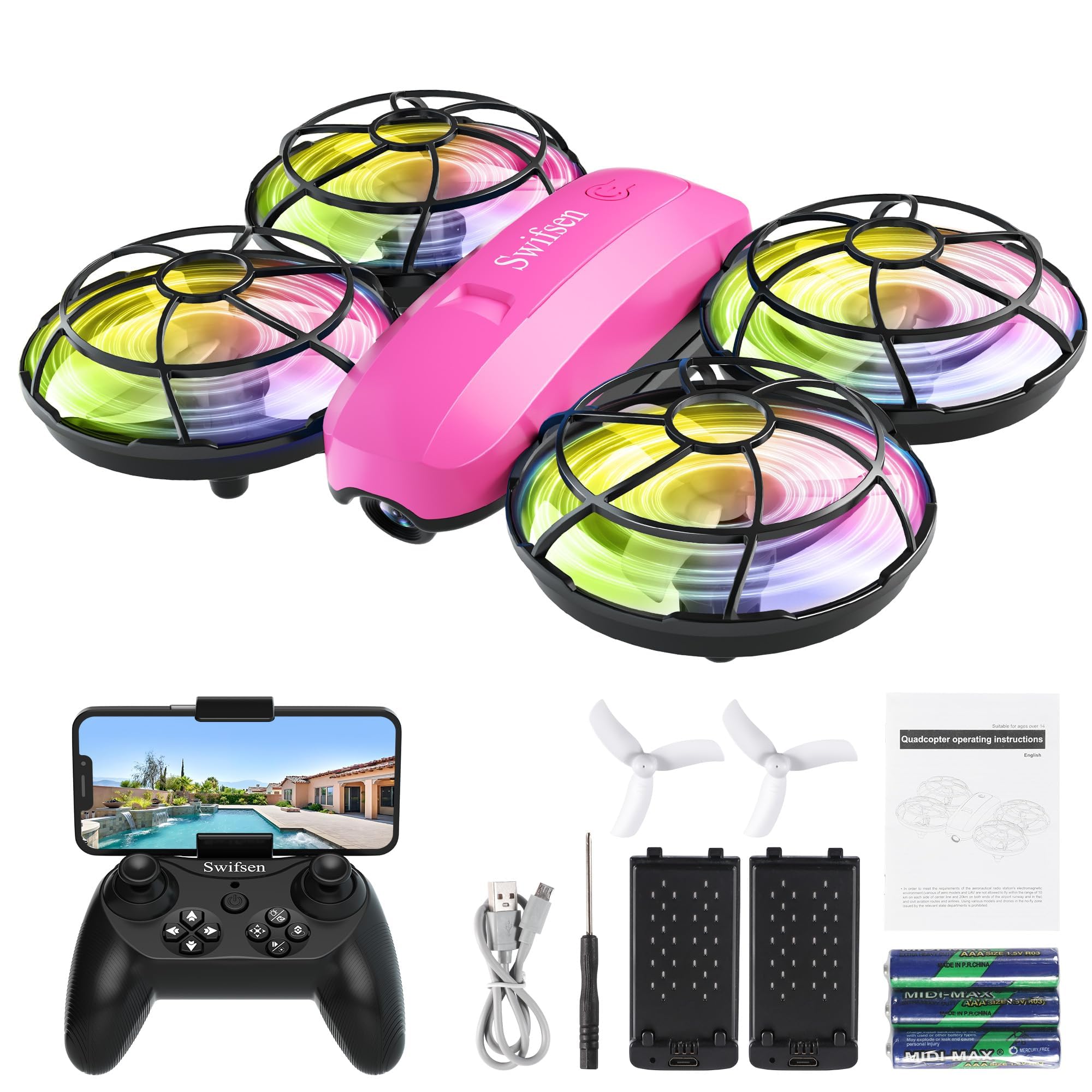 Swifsen Kids Drone with Camera & Optical Flow Positioning - Mini RC Quadcopter with Full Protection Guard, 2 Modular Batteries, Colorful LED Lights - Easy to Fly Gift for Boys & Beginners (Upgraded Version).