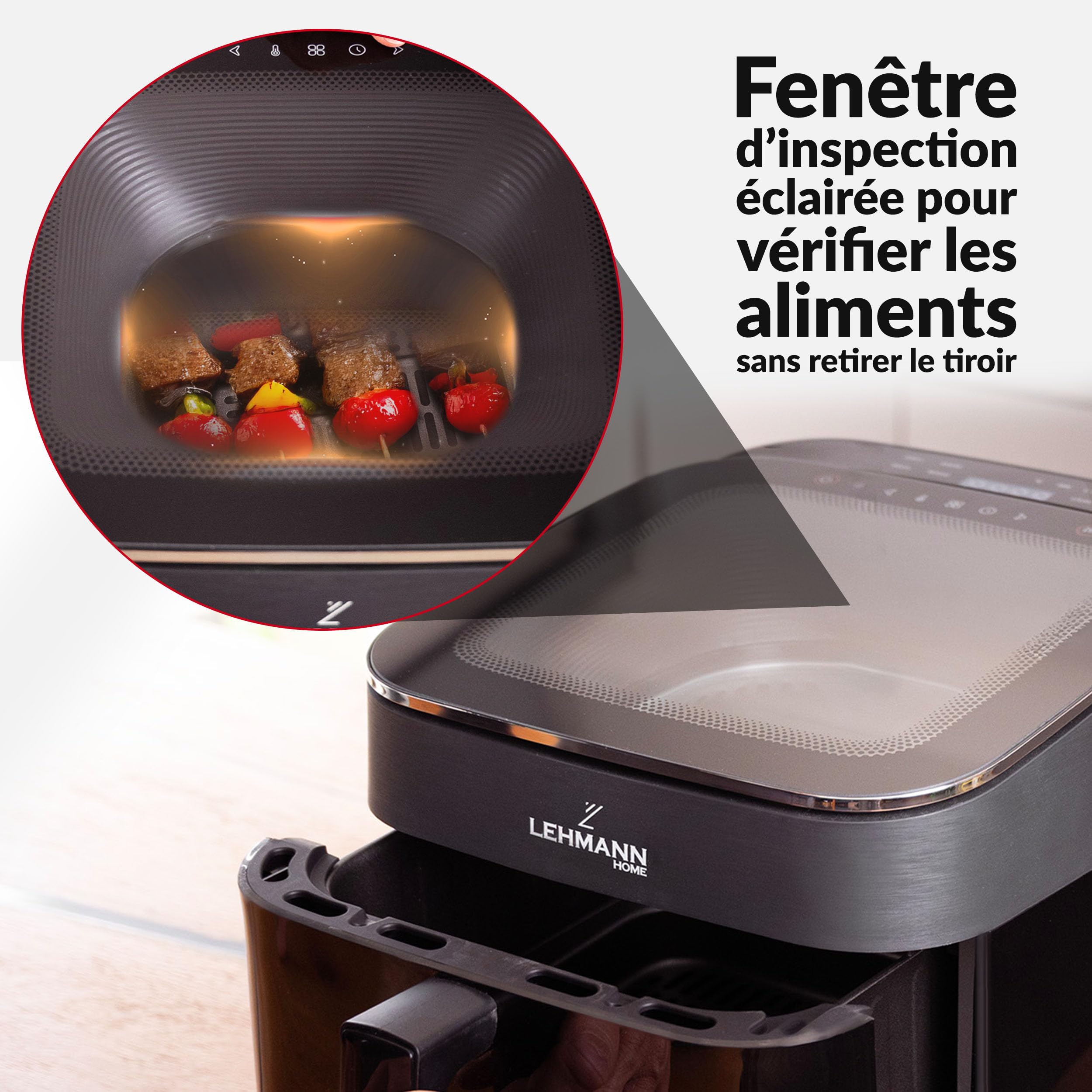 LEHMANN Air Fryer XL 6,5L, Friteuse sans Huile avec Fenêtre Panoramique Supérieure & Éclairage, Écran Tactile, 12 Programmes, Rappel pour Remuer, Grilles Antiadhésives Compatibles Lave-vaisselle