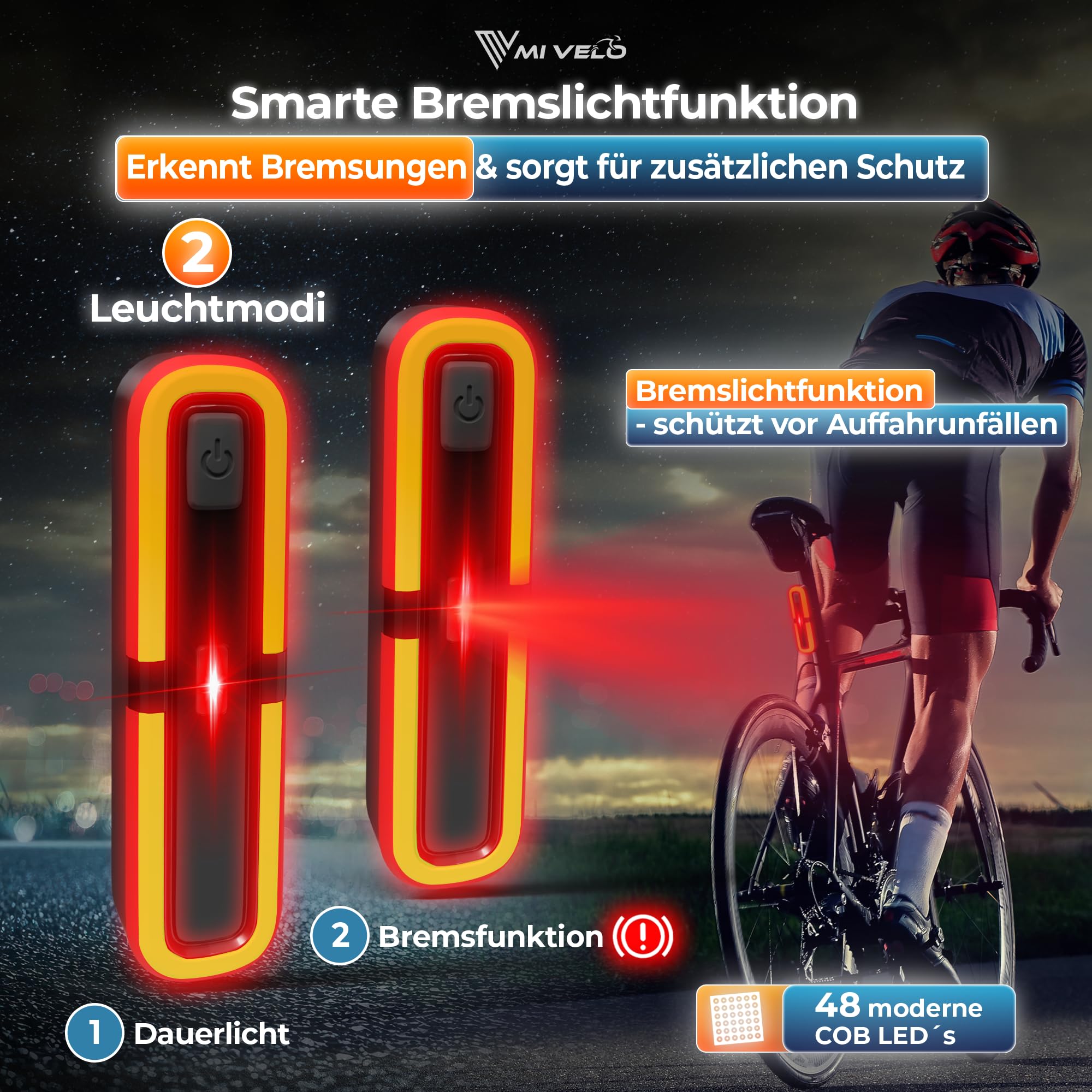 Kit d'éclairage de vélo avec indicateur de freinage - Lampe de vélo LED homologuée StVZO et étanche IPX5 - Éclairage de vélo avant et arrière rechargeable par USB - Feu avant et arrière de vélo avec