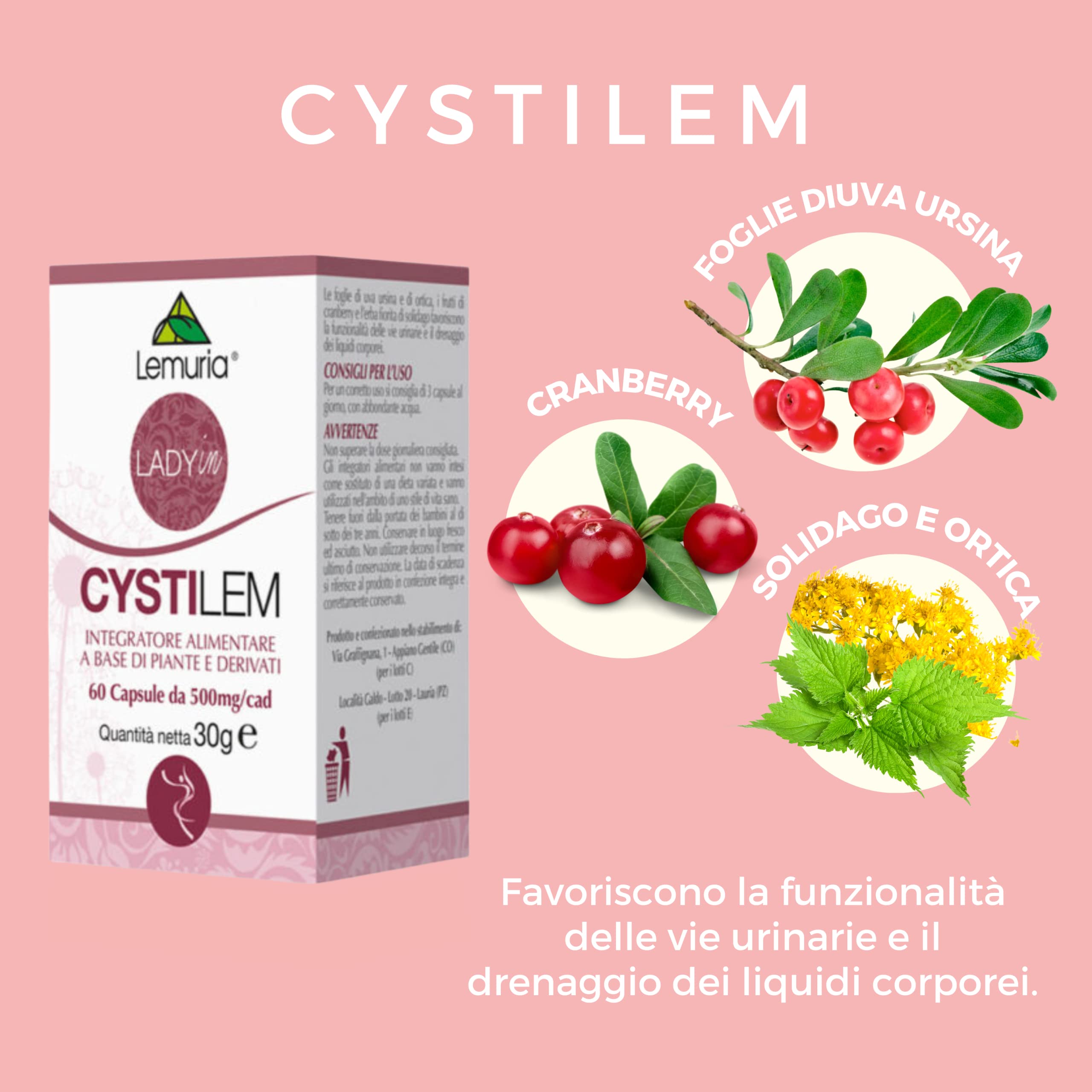 Lemuria - Cystilem - Integratore Alimentare - Favorisce la Funzionalità delle Vie Urinarie e il Drenaggio dei Liquidi - 60 Capsule - Made in Italy