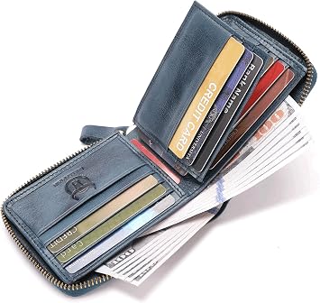 BULLCAPTAIN Mens Genuine Leather Zipper Wallet RFID Blocking Bifold Secure Zip Around Wallets Multi Credit Card Holder Purse (Blue)