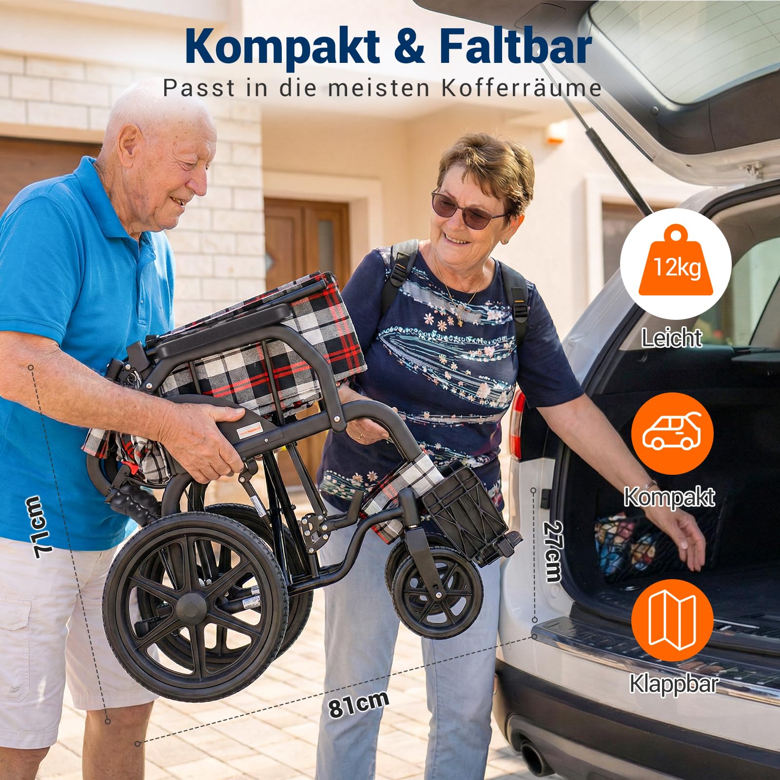 Care-Parents Transportrollstuhl Faltbar Leicht (11kg), Aluminium Rollstuhl mit 16 Zoll Hinterrädern & Pannensichere Bereifung, 45cm Sitzbreite, Doppelbremse & Sicherheitsgurt, für Senioren (CP-30A6N)