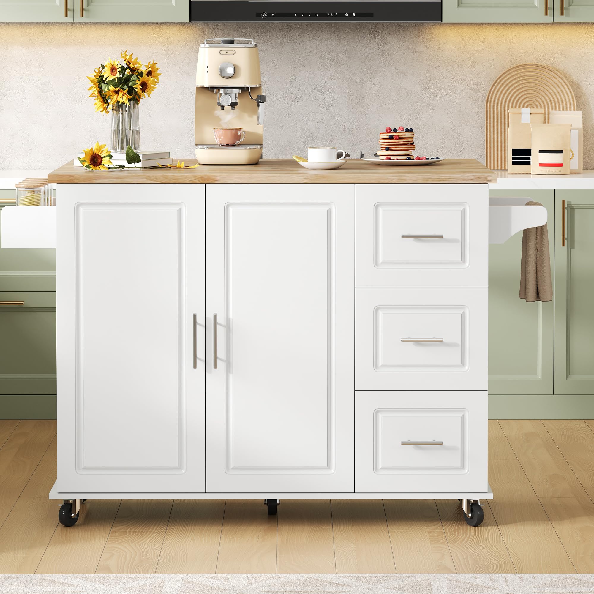 Merax Mobiler Küchentisch Kücheninsel auf Rädern mit klappbarer Eichenholz-Arbeitsplatte, Multifunktionaler Schrank, 5 Räder, für Küche, Esszimmer und Zuhause, 137 x 43(76) x 92 cm,Weiß