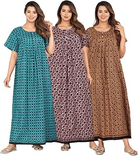 Kuruti B Sheets Brand 100% Cotton Nighty for Women Combo Pack of 3 Women Floor Length Free Size Maxi Gown Multi-Color Price In India