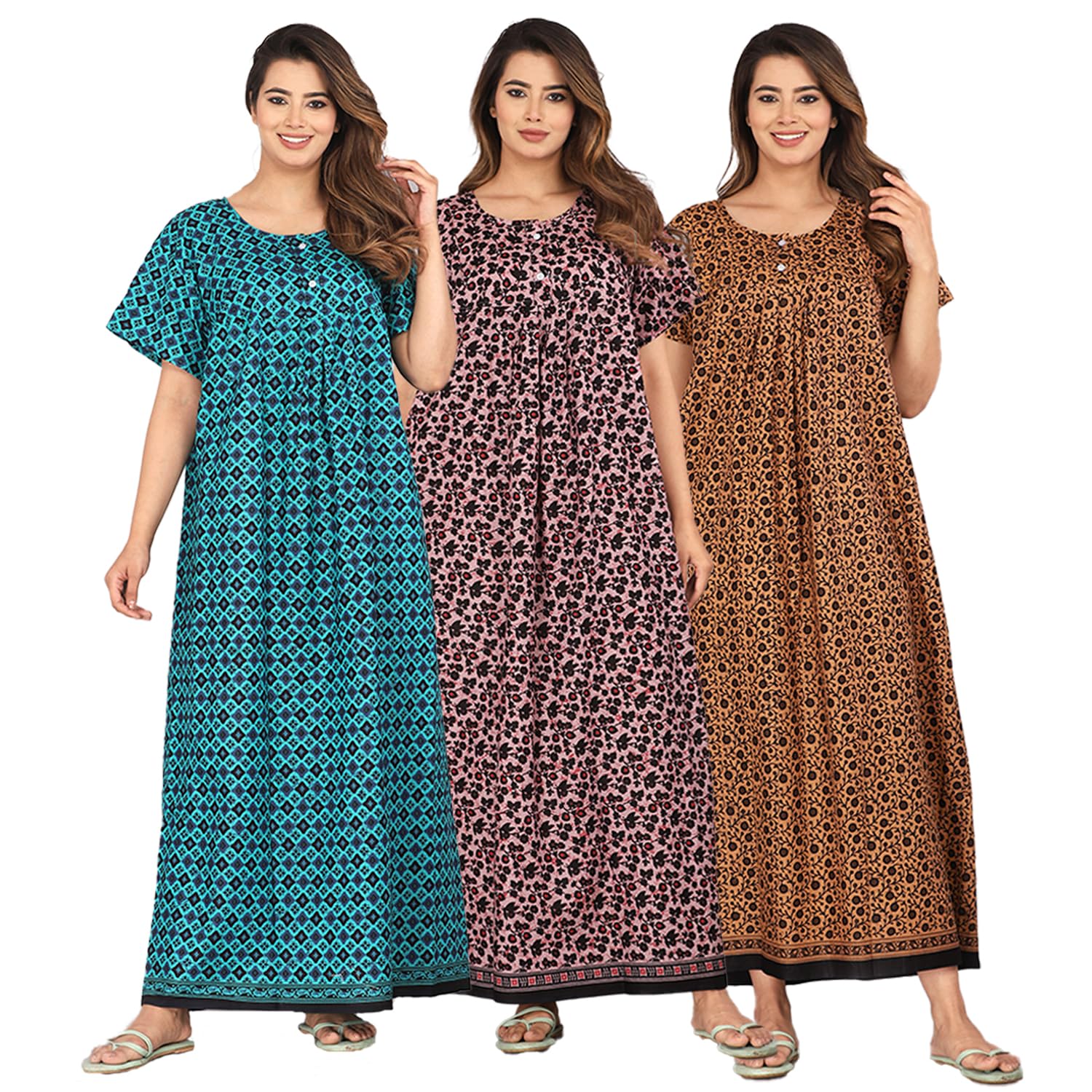 Kuruti B Sheets Brand 100% Cotton Nighty for Women Combo Pack of 3 Women Floor Length Free Size Maxi Gown Multi-Color