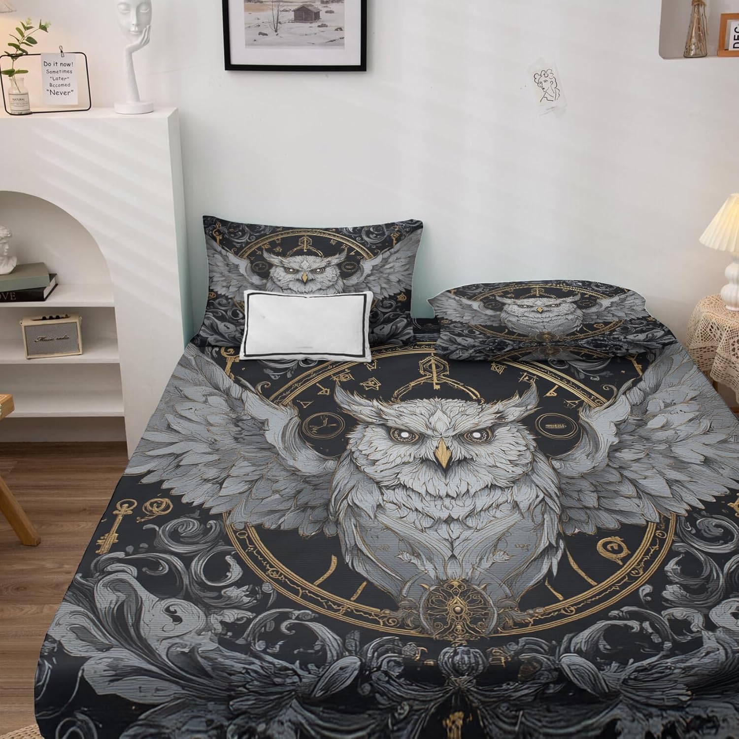 Owl Sheets King Size - Gothic Bird Bed Sheet Set - Deep Pocket Soft Microfiber Bedding Set 4 Piece - Fitted Flat Sheet Pillowcases - Owl Bedroom Decor & Gifts