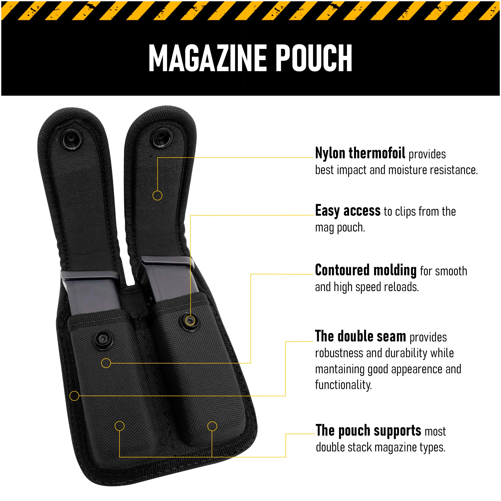 Tactical Concealment Magazine Pouch Holster - THERMOFOIL Material and Multi Use Holster with Belt Loop - Double Size Fits 9 mm and .40 Cal (Black/Double)