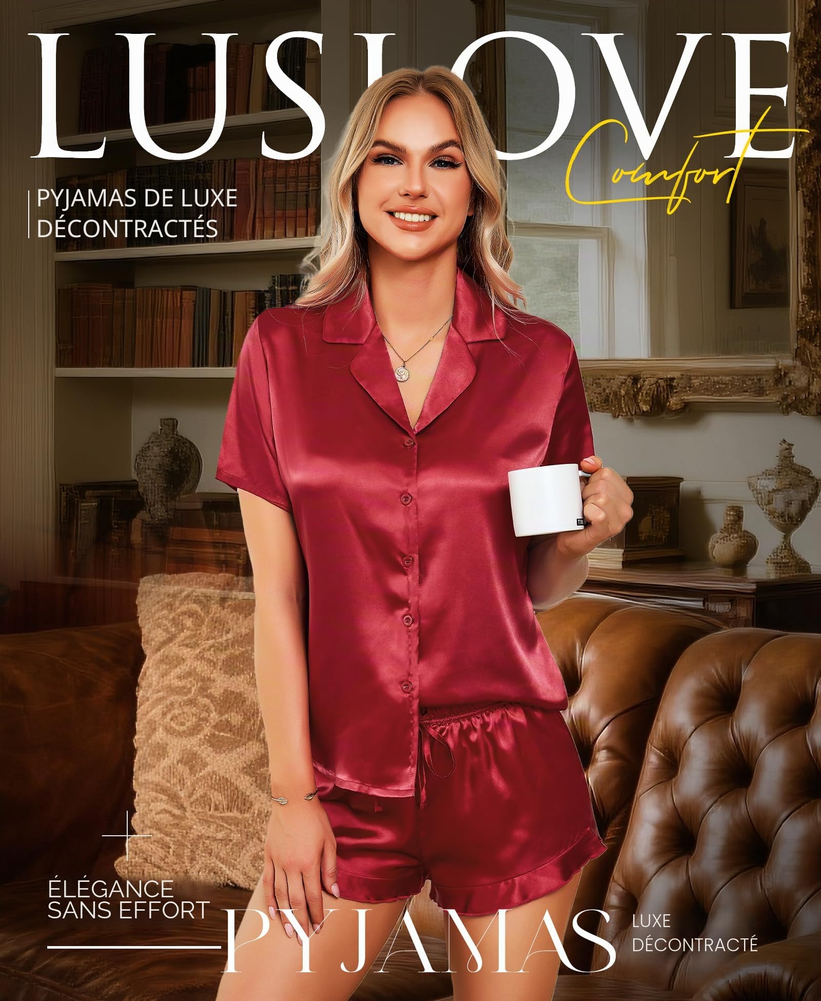 Ensembles de Pyjama Femme Satin - Vêtements de Nuit Ete Haut à Manches Courtes et Short