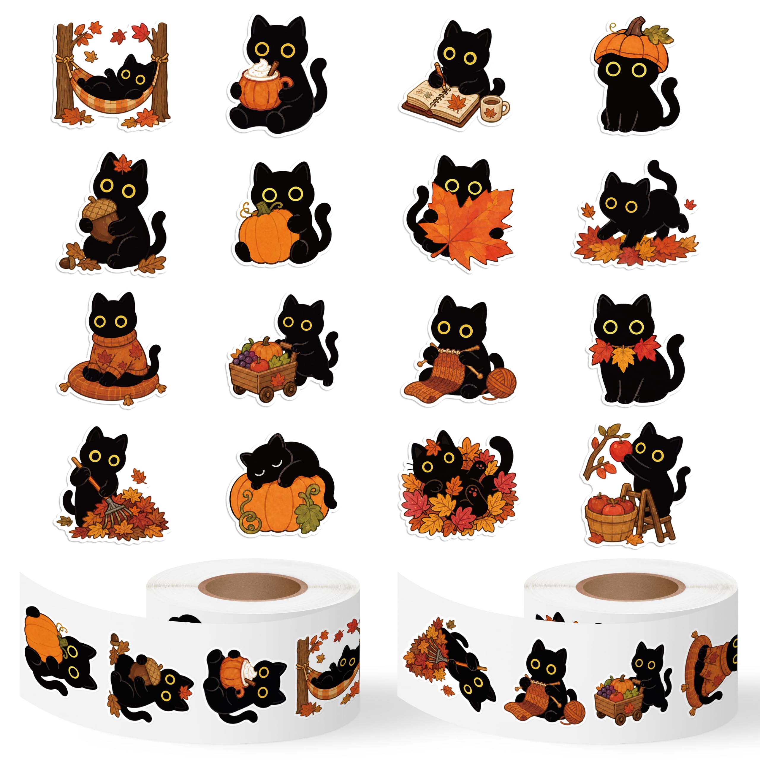 Fall Pumpkin Cat Stickers, 1000Pcs Kawaii Black Cat Animal 2 Rolls