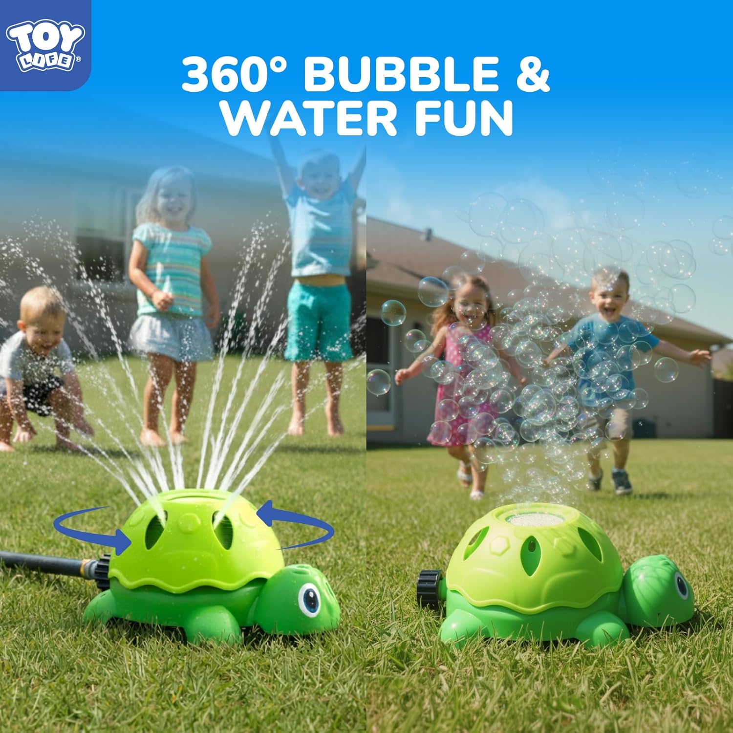 TOY Life 2-in-1 Turtle Sprinkler for Kids with Bubble Machine – Kids Water Sprinkler for Yard, Outdoor Water Toys for Kids Ages 3-5 4-8, Rotating Backyard Sprinkler Toy for Outdoor Summer Water Play