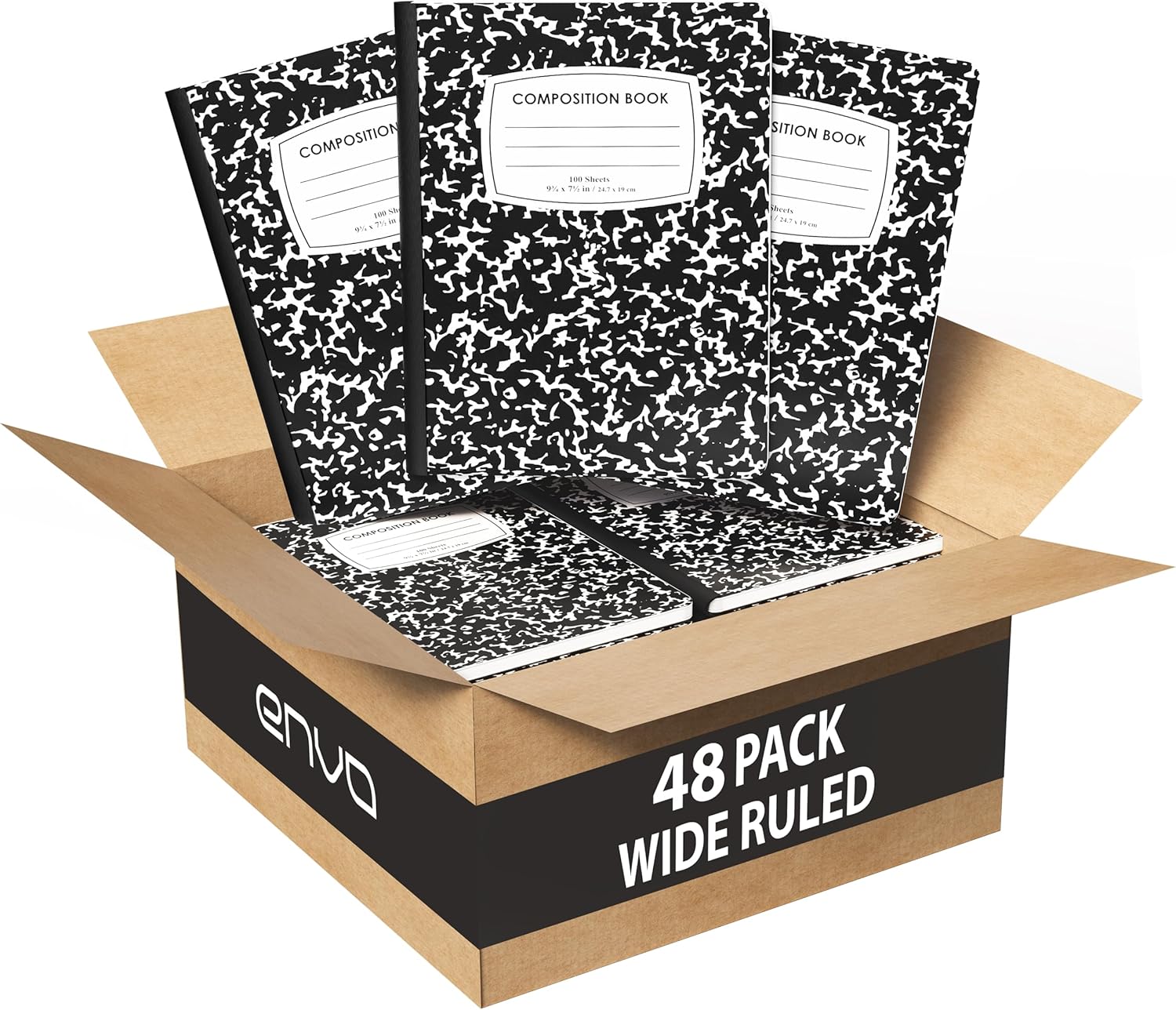 ENVO Composition Notebooks, Wide Ruled Composition Notebook, Black Marble Covers Composition Notebook, 100 sheets, Bulk (48, Wide Ruled)