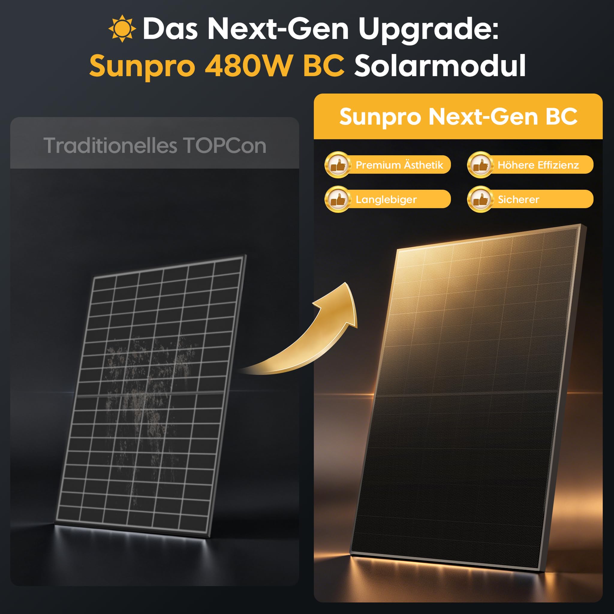 Powerness® 480Wp Solarmodul Full Black, Sunpro BC bifazial Glas-Glas PV-Modul, Back Contact Doppelglas mit 0–5W positiver Leistungstoleranz für Balkonkraftwerk, 0% MwSt. (4 Stk)