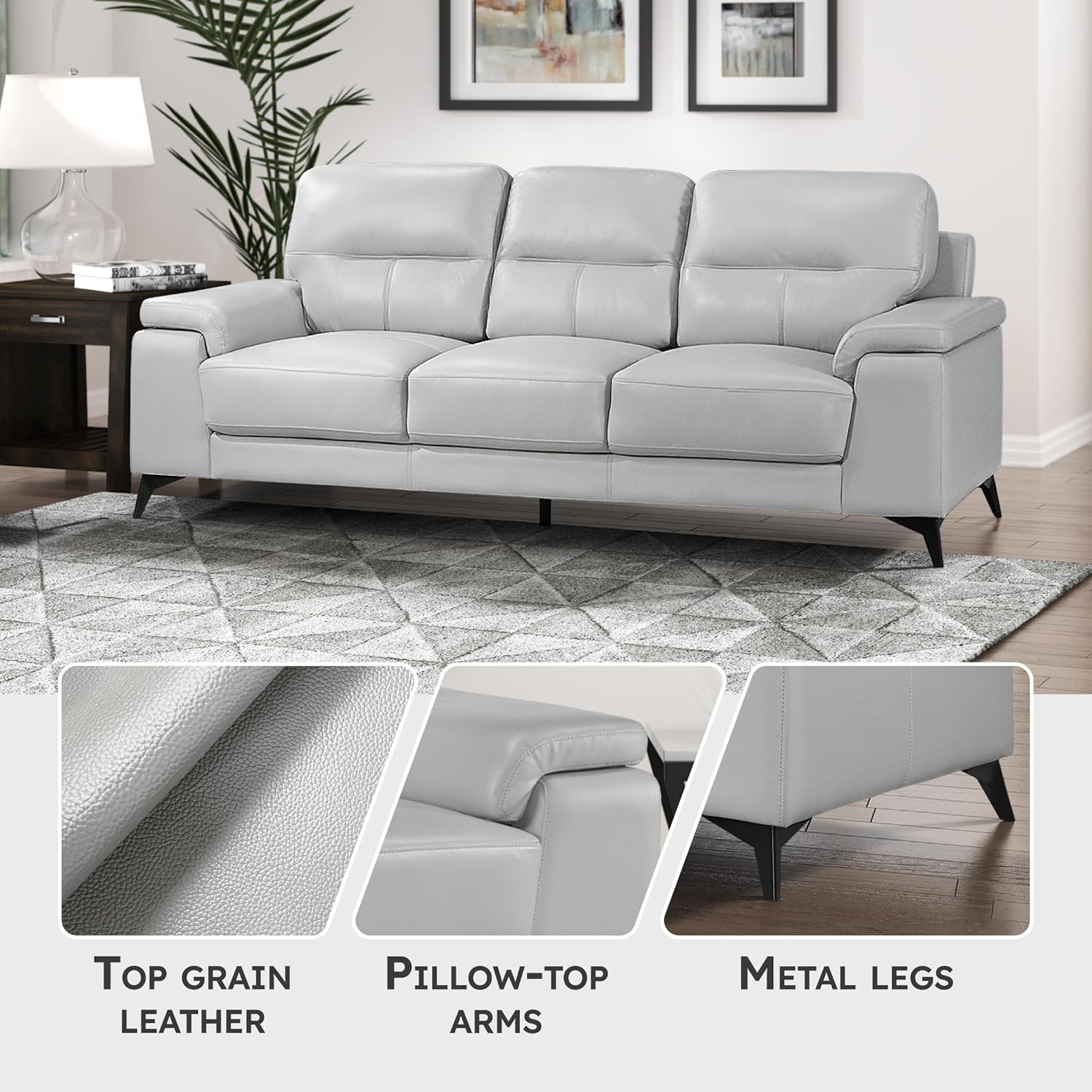 Lexicon Leather Couch, Modern Couch Sofa, Top Grain Leather Sofa, Oversized Sofa for Living Room, Bedroom, Office, Apartment, 3-Seater Couches, Silver Gray