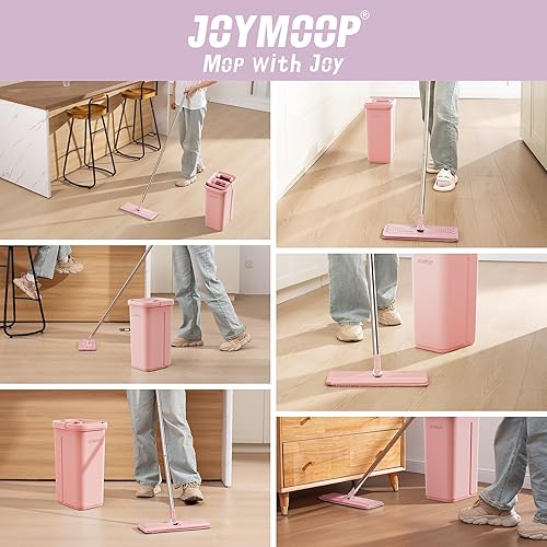 Miniatura 5 de JOYMOOP Juego de trapeador y cubo rosa con escurridor para el hogar, con 3 almohadillas de microfibra reutilizables, sistema de autolimpieza manos