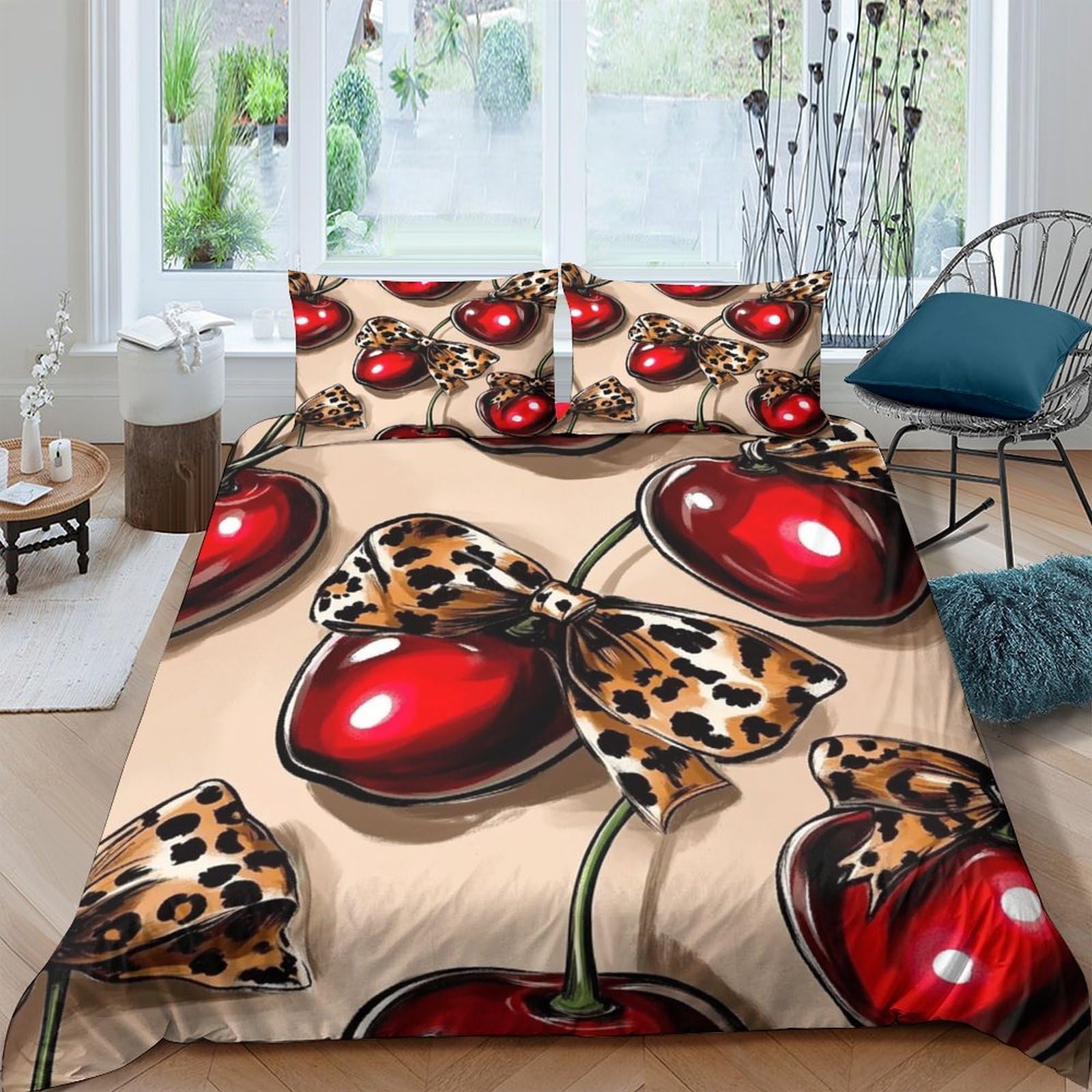 GPLZQXKJNH 3D Printed Cherry Leopard Bow Duvet Cover Set Microfiber Soft Breathable Bedding with 2 Pillowcases for Bedroom Decor Single（135x200cm）