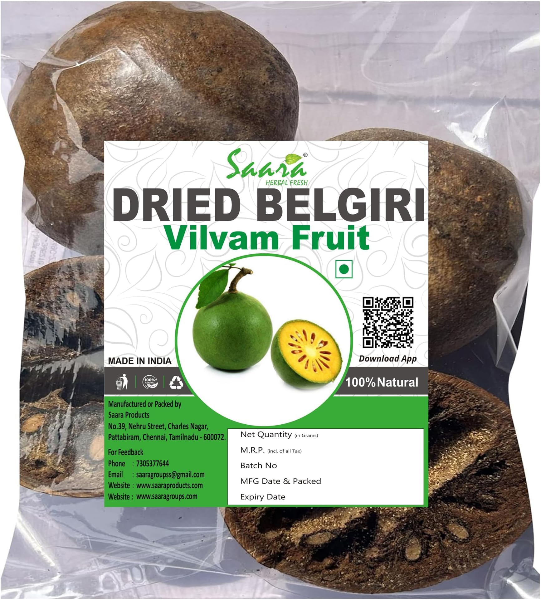 Saara HERBAL FRESH Dried Vilvam Palam, 500g, Belgiri fruit Dried, Bael Fruit, Aegle marmelos, Bilva, Kuvalam, Wood Apple, Helpful In Cholesterol (Pack of 5 X 100g)