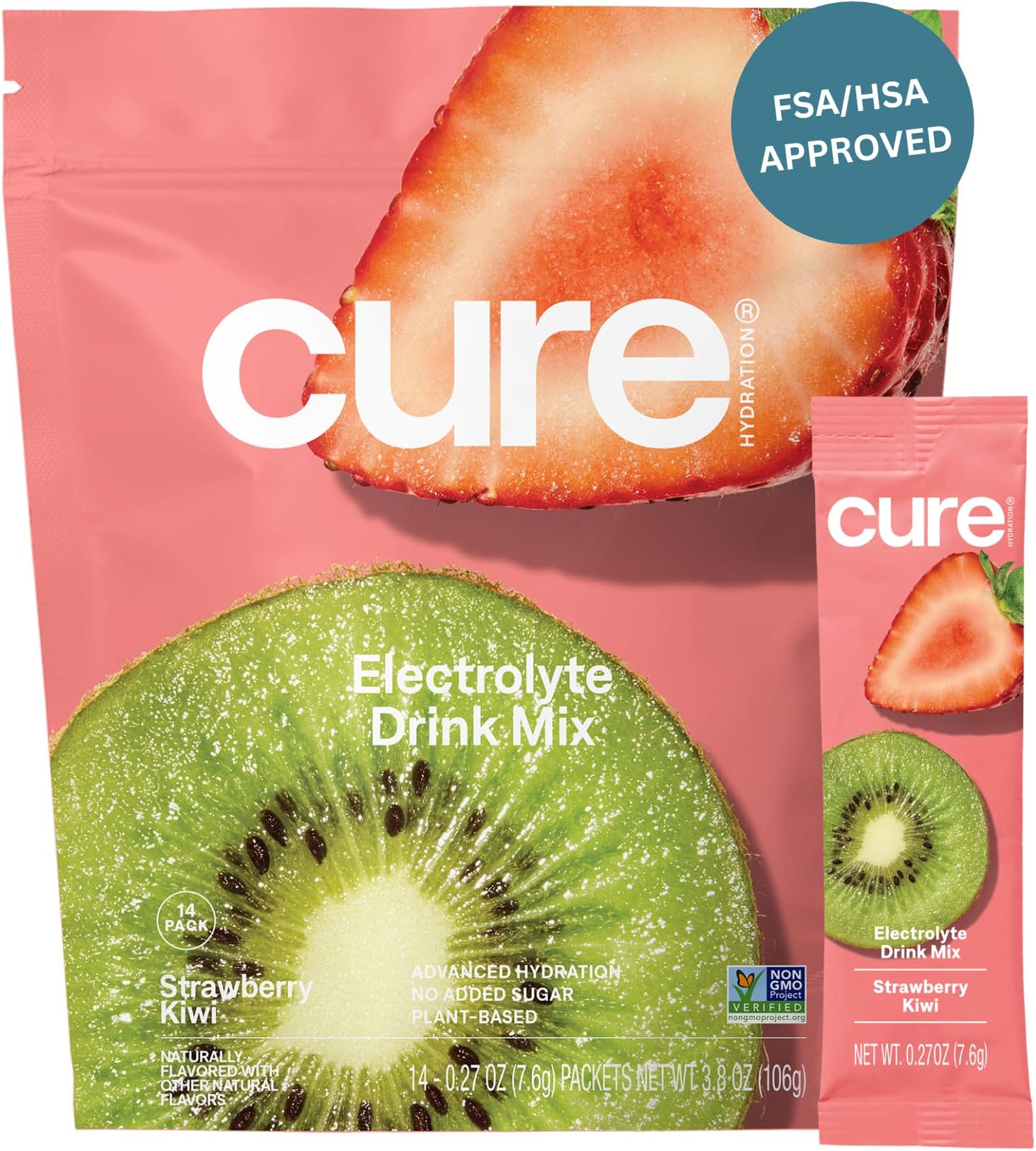 Cure Hydrating Electrolyte Mix | Electrolyte Powder for Dehydration Relief | Made with Coconut Water | No Added Sugar | Vegan | Paleo Friendly | Pouch of 14 Packets - Strawberry Kiwi