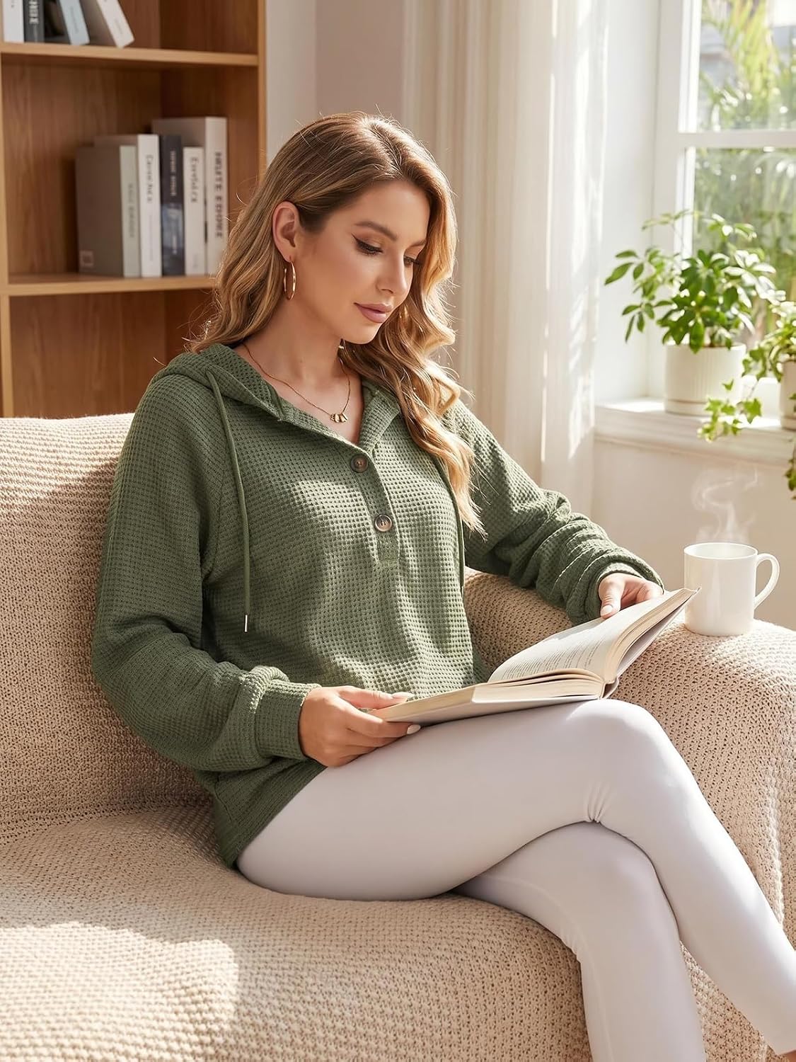 Womens Oversized Waffle Knit Hoodies Sweatshirt image 4