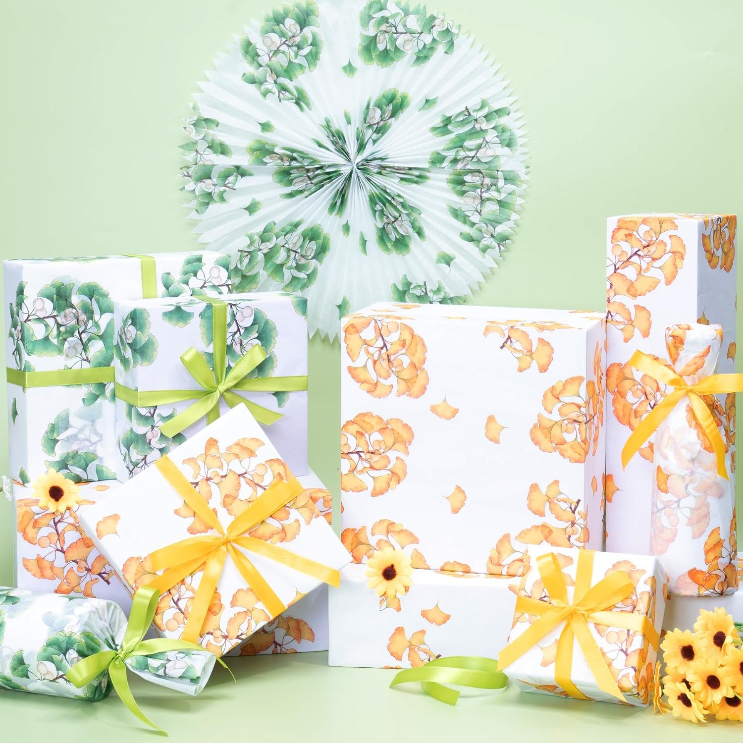 Larcenciel 60 Sheets Fall Tissue Paper, Orange and Green Ginkgo Leaves Tissue Paper for Gift Bags & Gifts Wrapping, Watercolor Botanical Art Packaging for Autumn Party Wedding Birthday Decor, 20x14 in image 2