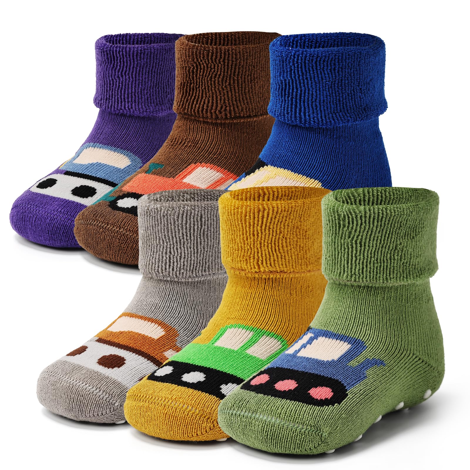 Baby Non Slip Socks Thick Baby Winter Warm Socks with Grips for Baby Cotton Socks Multipack 6 Pairs