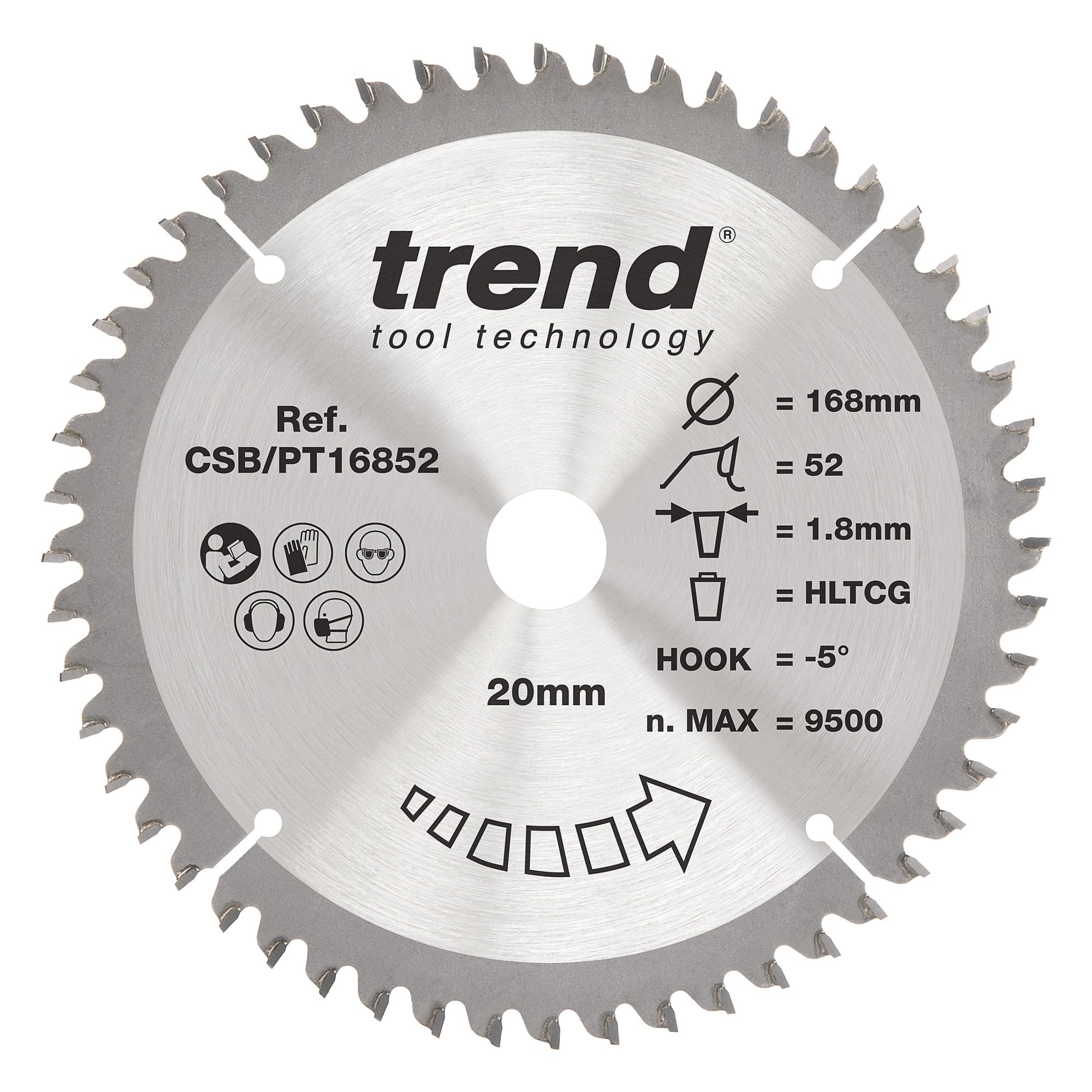 TREND Lame de scie circulaire pour stratifié et HPL, diamètre 168 mm, alésage 20 mm, 52 dents, trait de scie 1,8 mm, crochet -5°, TCT, finition, CSB/PT16852