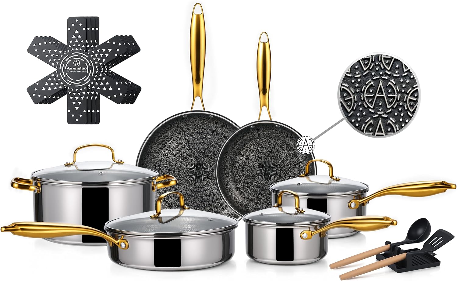 Ammeloo 17 Pcs Stainless Steel Cookware Set, Pots and Pans Set Non Stick
