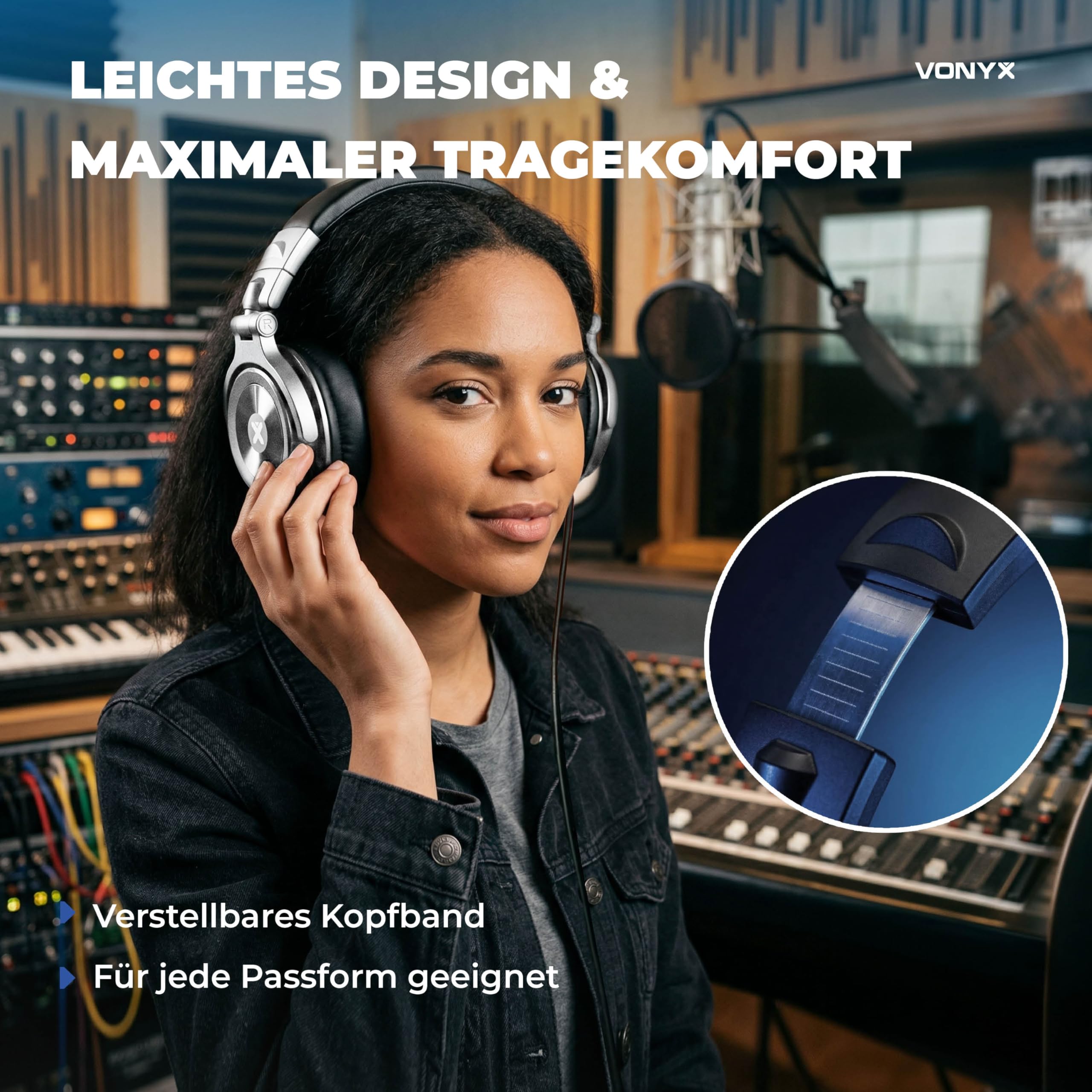 Vonyx HDX200SB - Over Ear Kopfhörer mit Kabel, 50mm Treiber - Tiefer Bass, DJ Kopfhörer mit 3,5mm & 6,3mm Klinke – Faltbar & Drehbar, Geschlossene Headphones inkl. Transporttasche - Silber