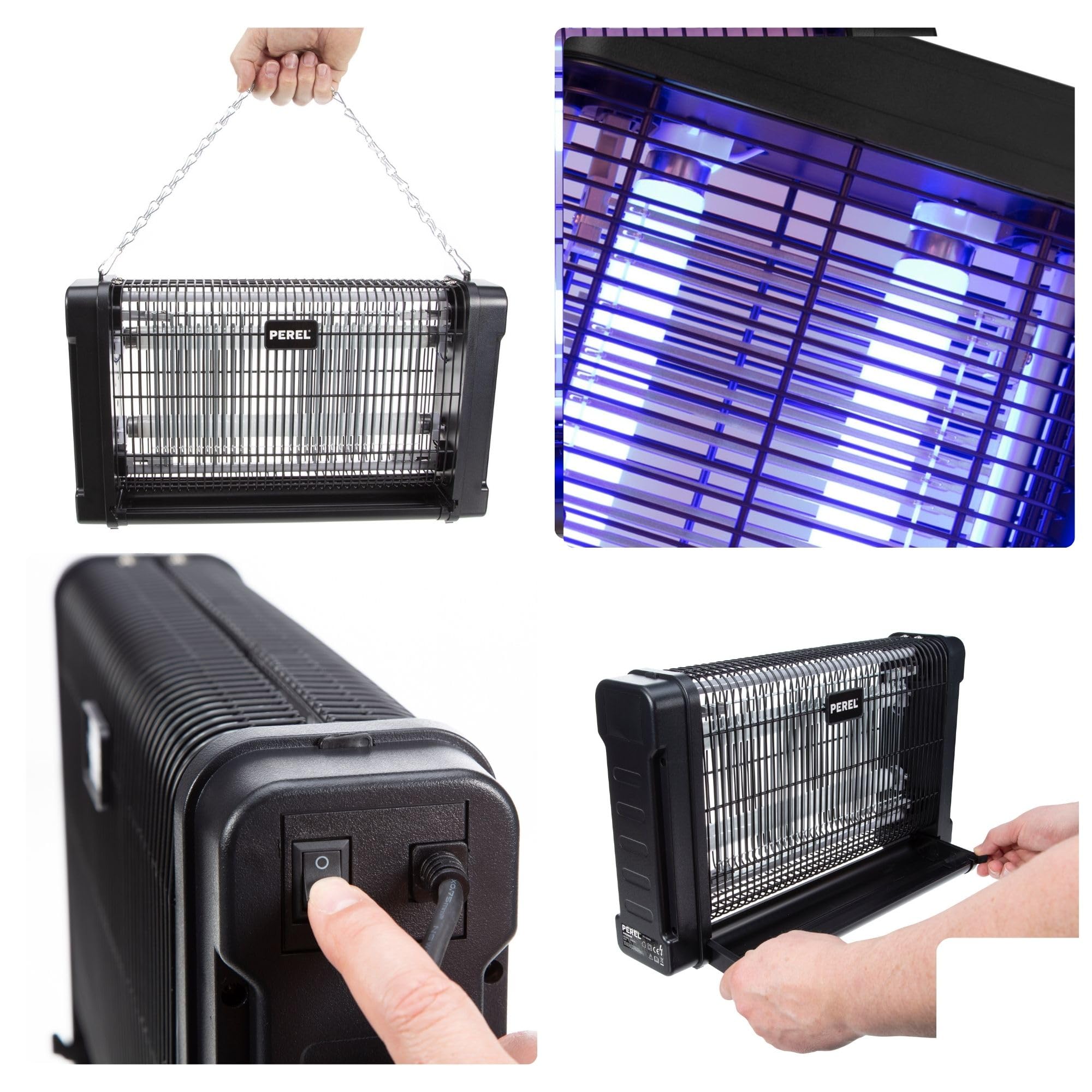 Perel Lámpara UV Mata Insectos eléctrica Interior, Rejilla 2800V, Dispositivo silencioso con Bandeja metálica extraíble, Cobertura 80 m², Control sin químicos