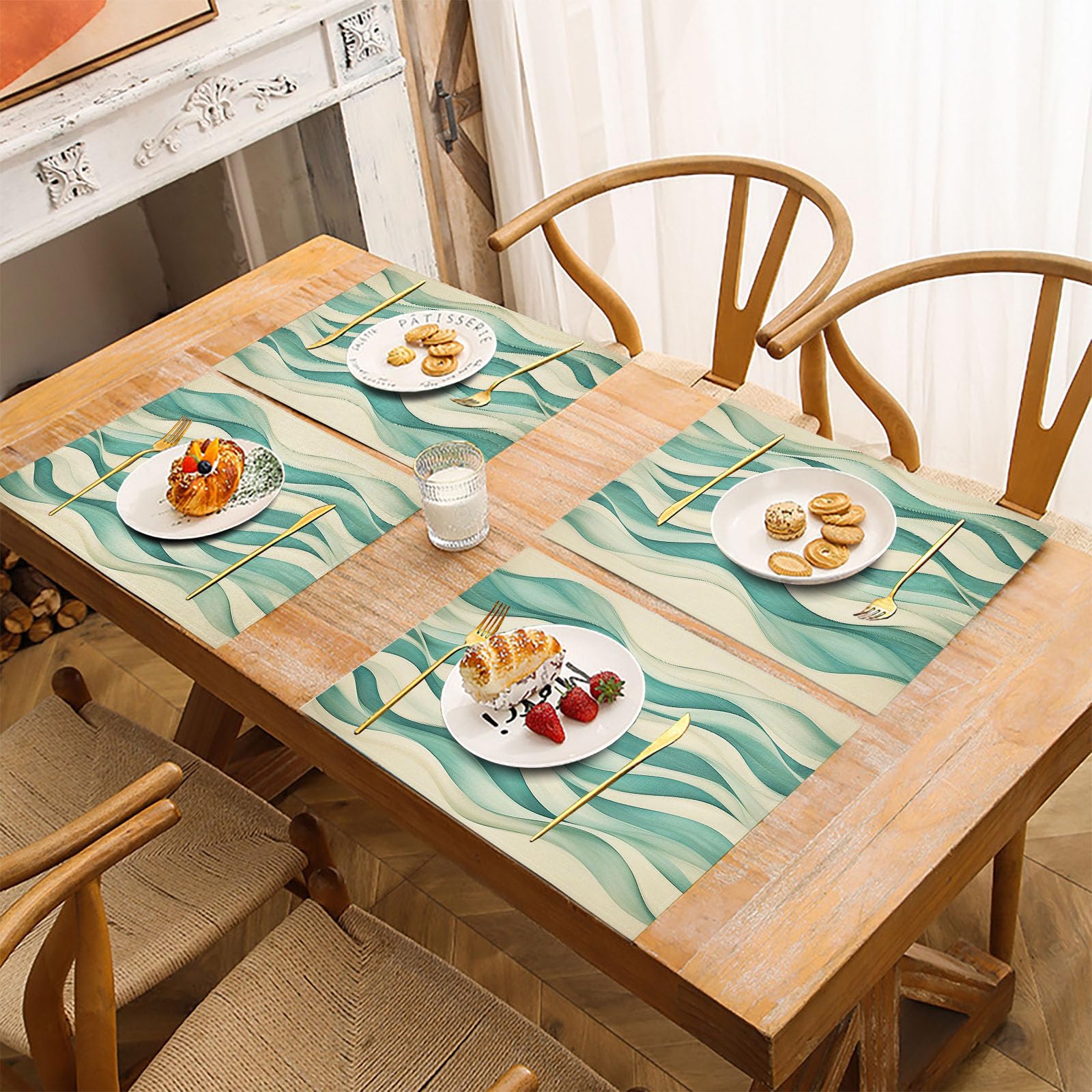 Tovagliette Lavabili, Onde Astratte Set di 8 Tovaglietta, Banda Tovaglietta in Cotone e lino Bifacciale Antiscivolo Resistenti al Calore Tovagliette 45 x 30 cm