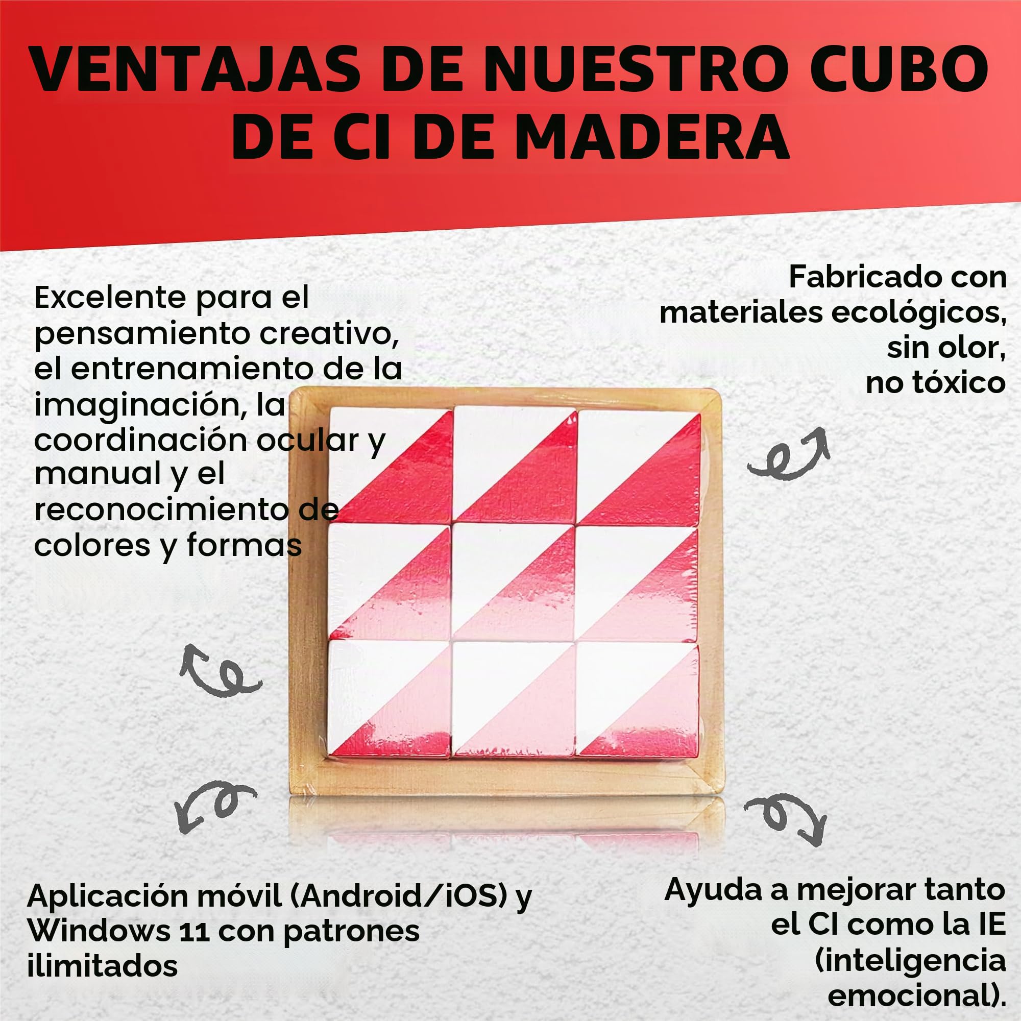 PrfcNL Rompecabezas de Cubo IQ de Madera, 9 Bloques cúbicos en Blanco y Rojo, 2.5 x 2.5 x 2.5 cm, con 60 diseños y aplicación
