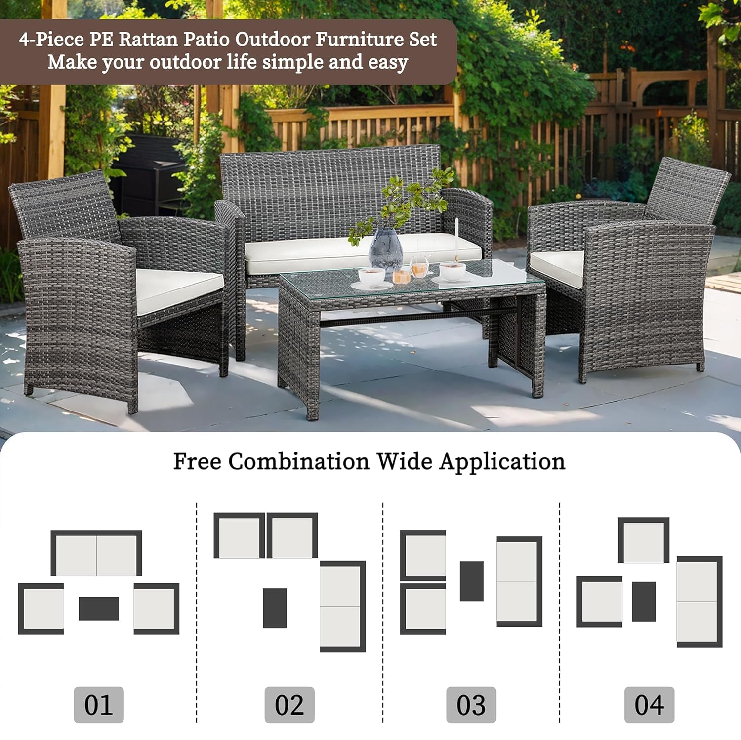 Shintenchi 4 Piece Patio Ratten Set Outdoor Furniture Set Wicker Conversation Set with Cushions and Tempered Glass Tabletop,Beige