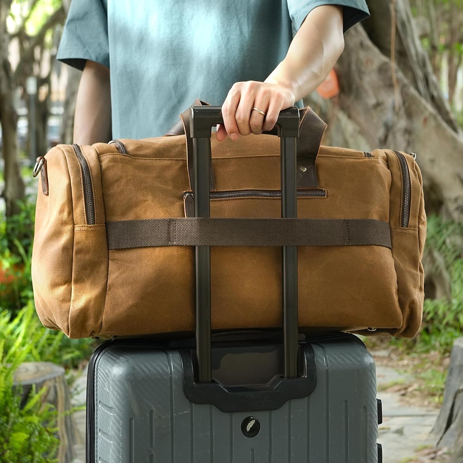 POLARE 23" Waxed Canvas Leather Duffel Bag for Men & Women, Waterproof Carry On Weekender Travel Bag with YKK Zippers, Large Overnight Gym Bag with Luggage Strap for Business Trips