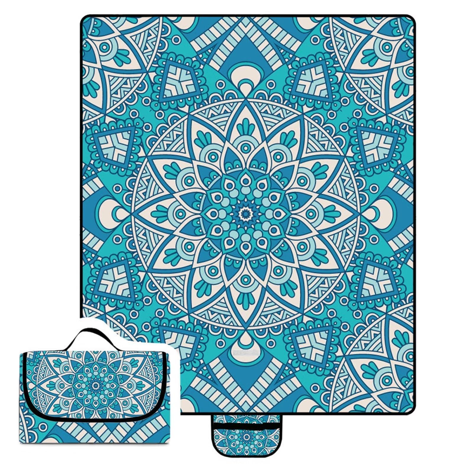 Coperta da Picnic Mandala blu,150x150cm,Grande XXL Picnic Blanket,con Parte Inferiore Impermeabile Tappetino Spiaggia Isolata Pieghevole per Spiaggia,Campeggio,Esterno,Parco,Giardino
